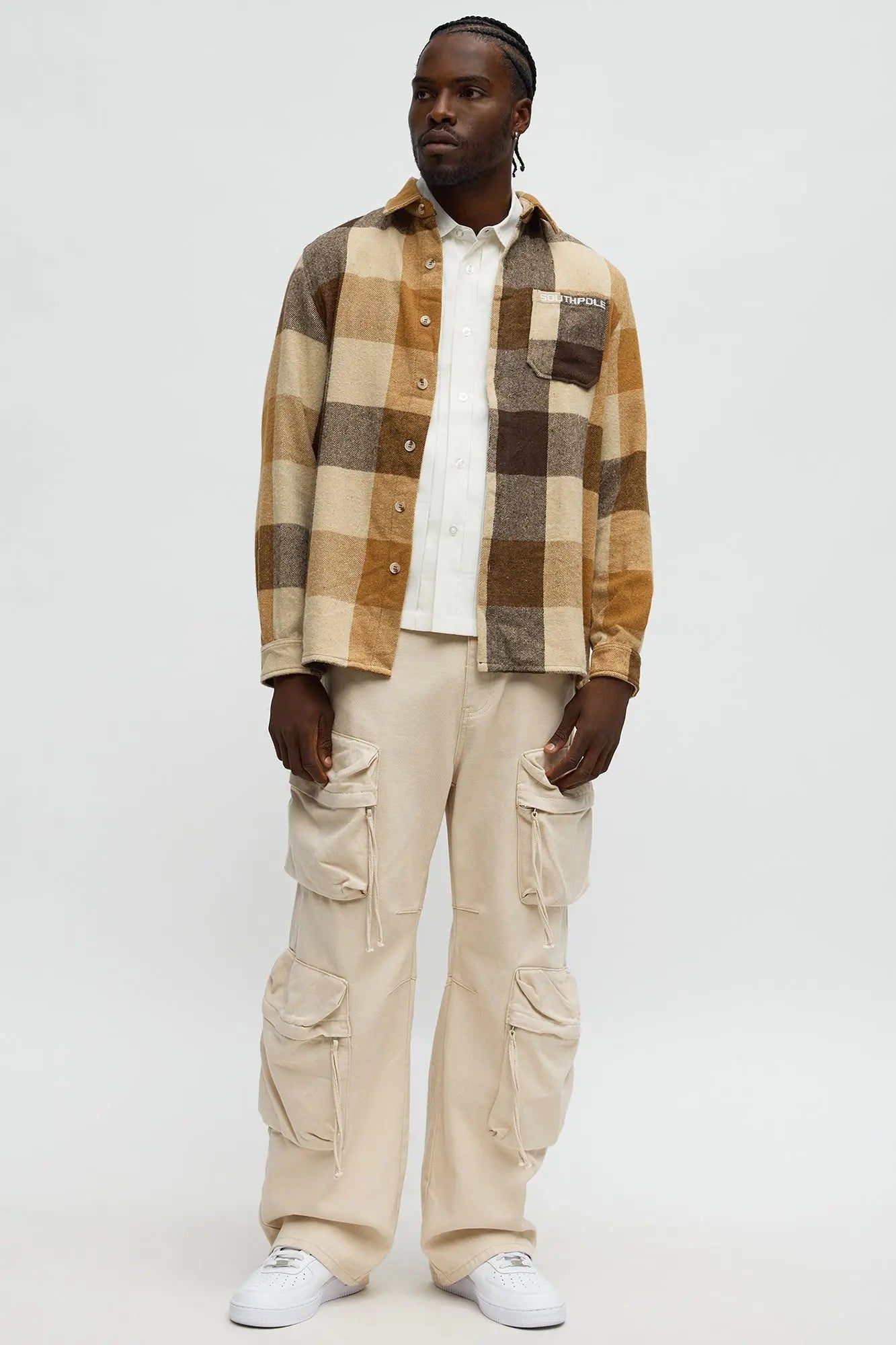 Southpole Plaid Long Sleeve Button Up Shirt - Khaki