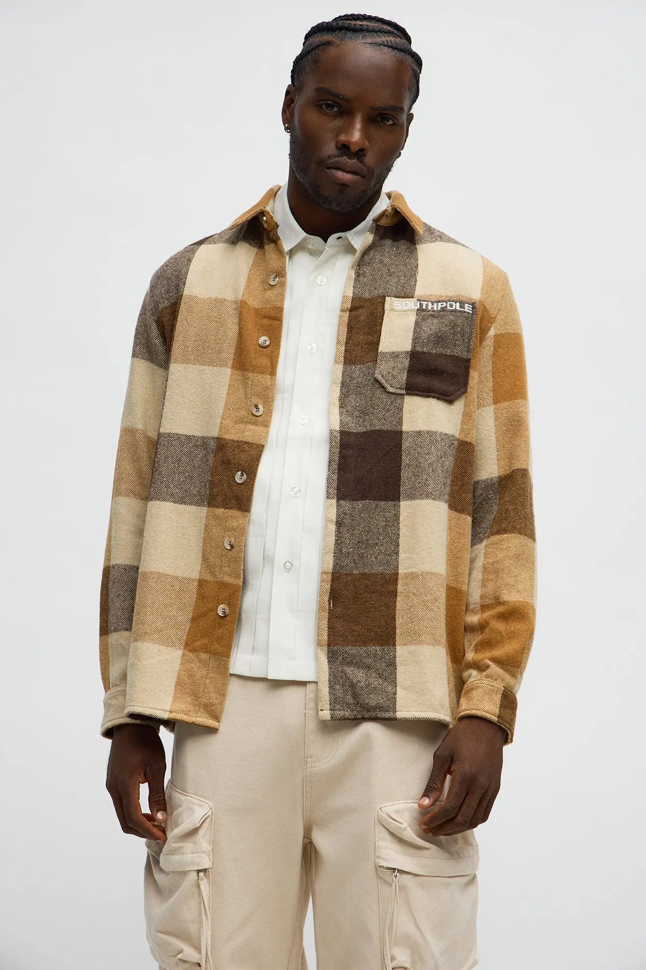 Southpole Plaid Long Sleeve Button Up Shirt - Khaki