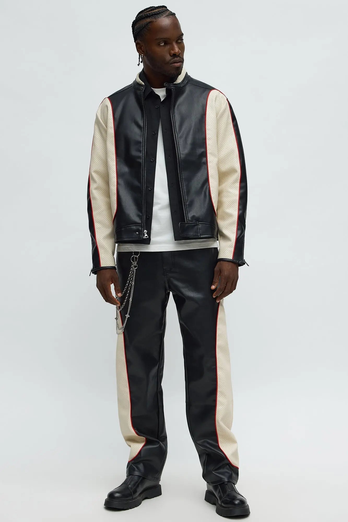 Relaxed Faux Leather Paneled Moto Jacket - Black/combo