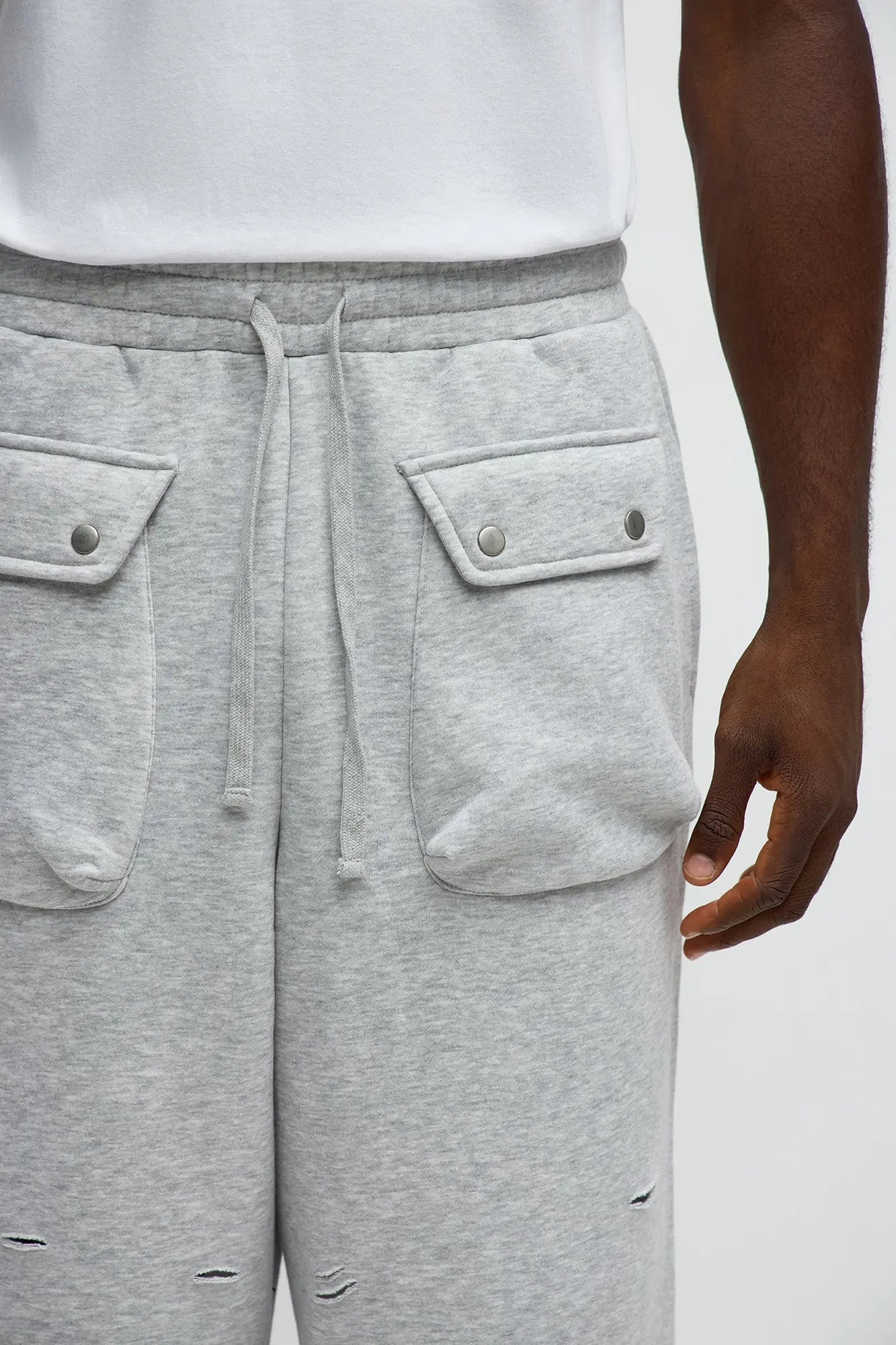 Baggy Snap Pocket Distressed Sweatpants - Heather Grey