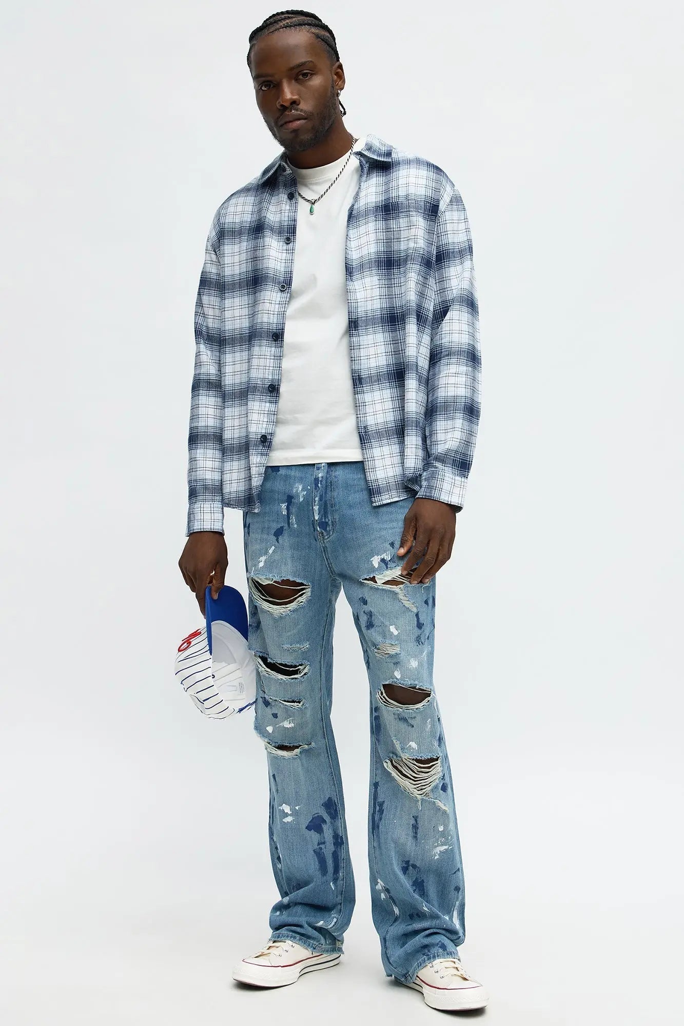 Stacked Slim Flare Call It Art Paint Splatter Ripped Jeans - Medium Blue Wash