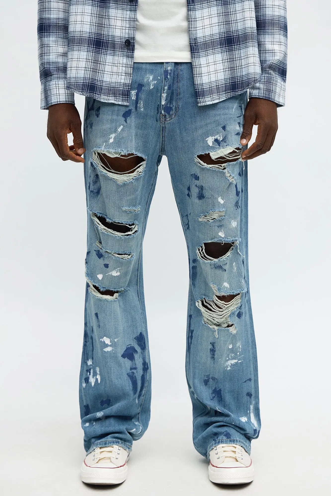 Stacked Slim Flare Call It Art Paint Splatter Ripped Jeans - Medium Blue Wash