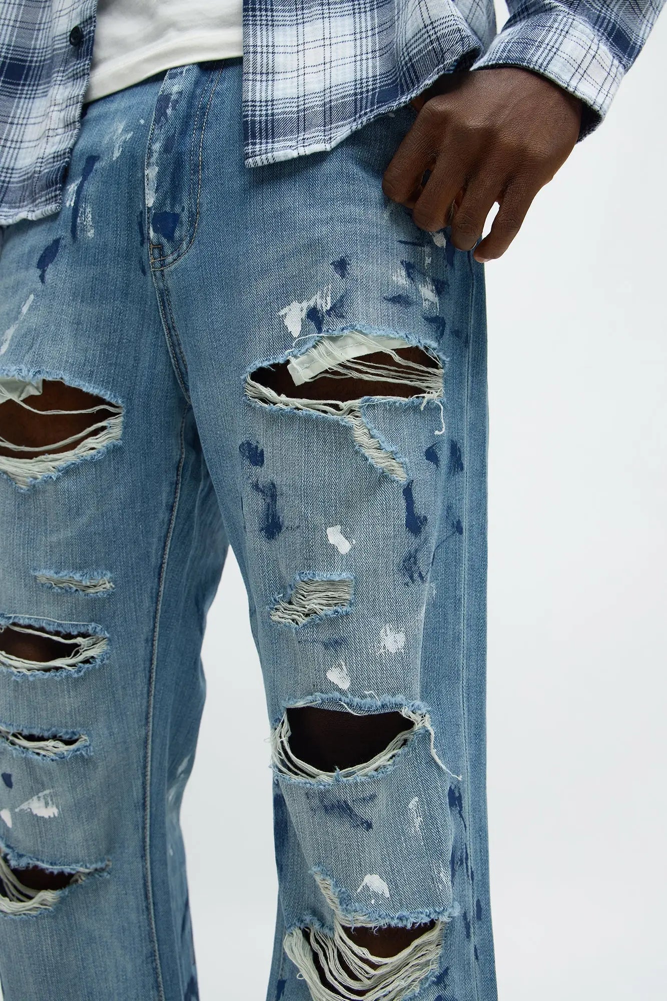 Stacked Slim Flare Call It Art Paint Splatter Ripped Jeans - Medium Blue Wash