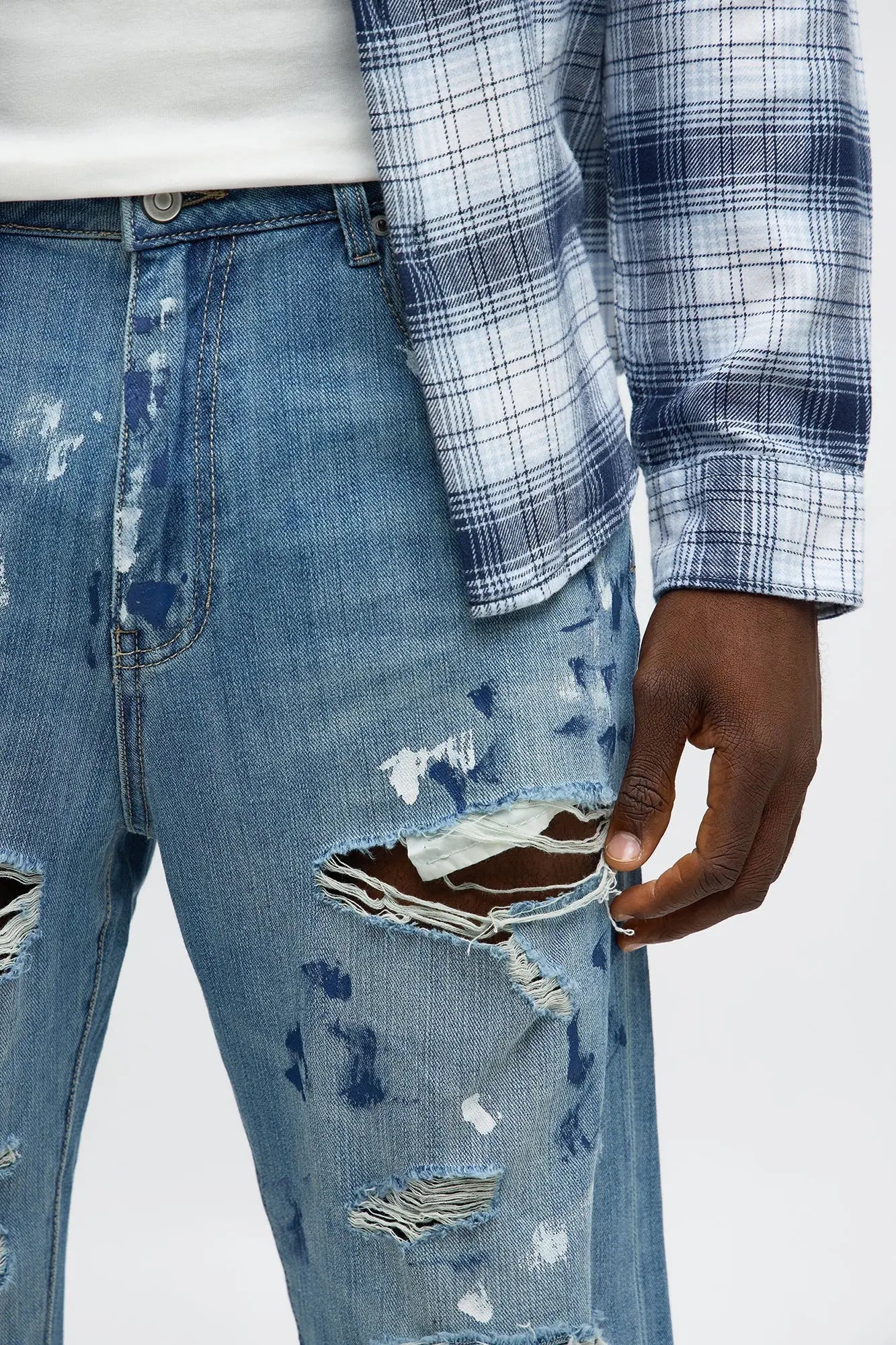 Stacked Slim Flare Call It Art Paint Splatter Ripped Jeans - Medium Blue Wash