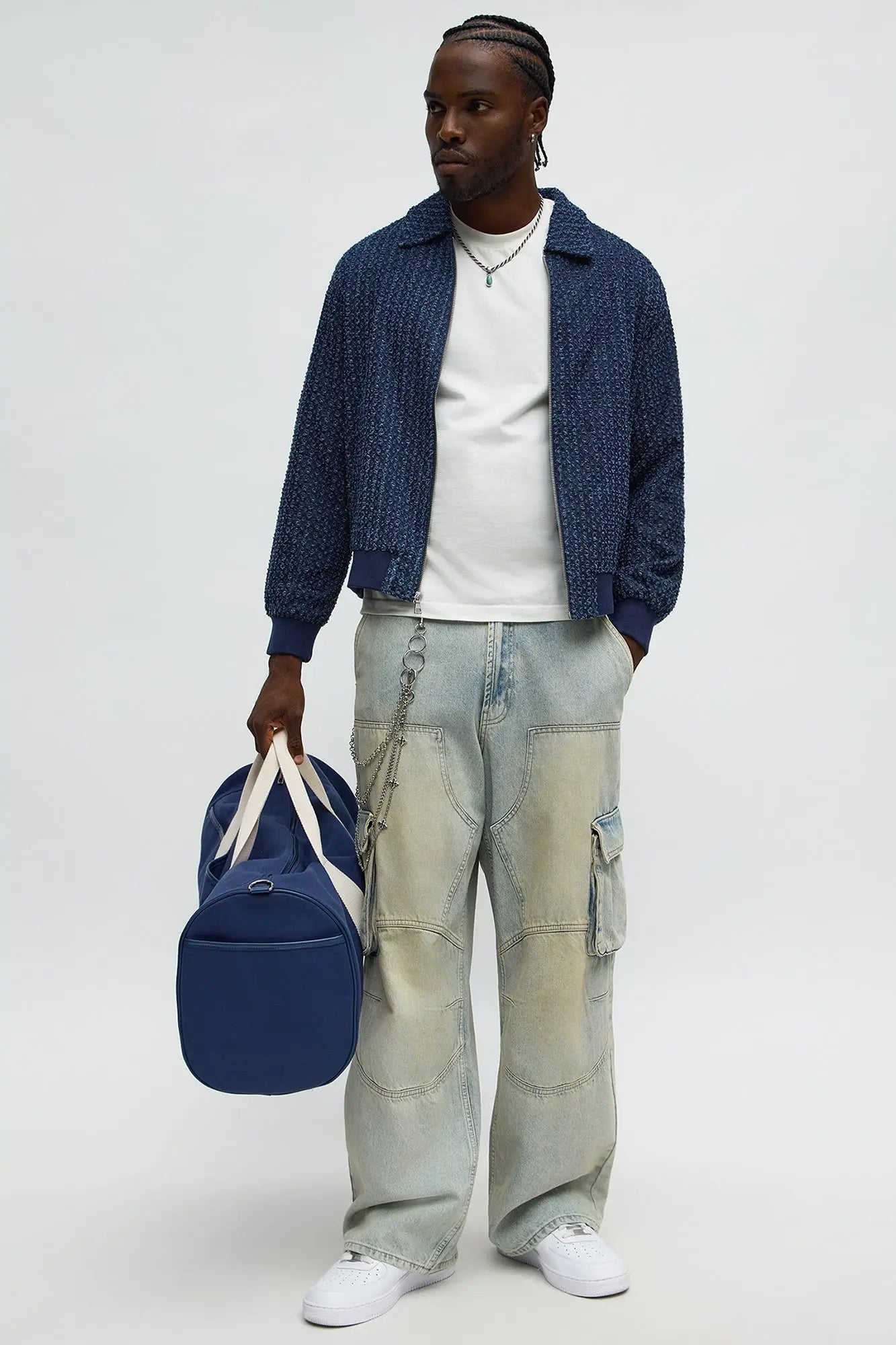 Textured Washed Fray Zip Jacket - Blue/combo