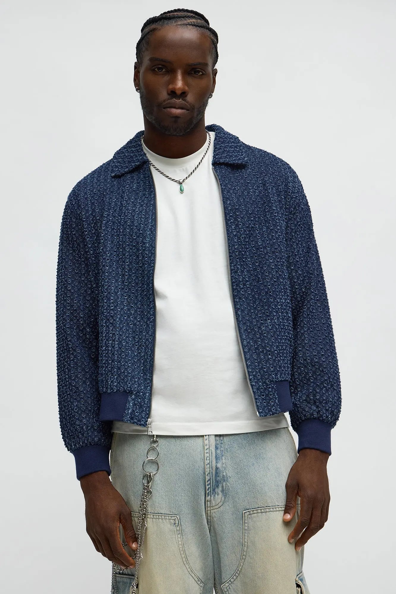Textured Washed Fray Zip Jacket - Blue/combo