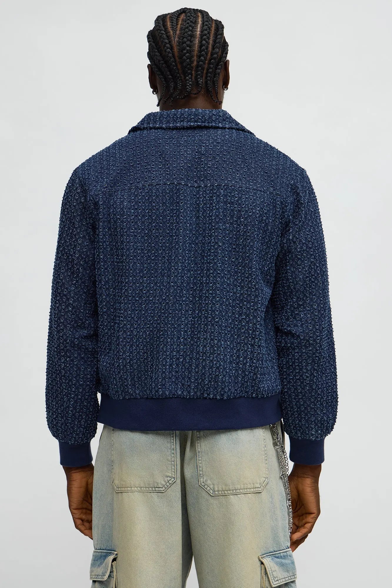 Textured Washed Fray Zip Jacket - Blue/combo