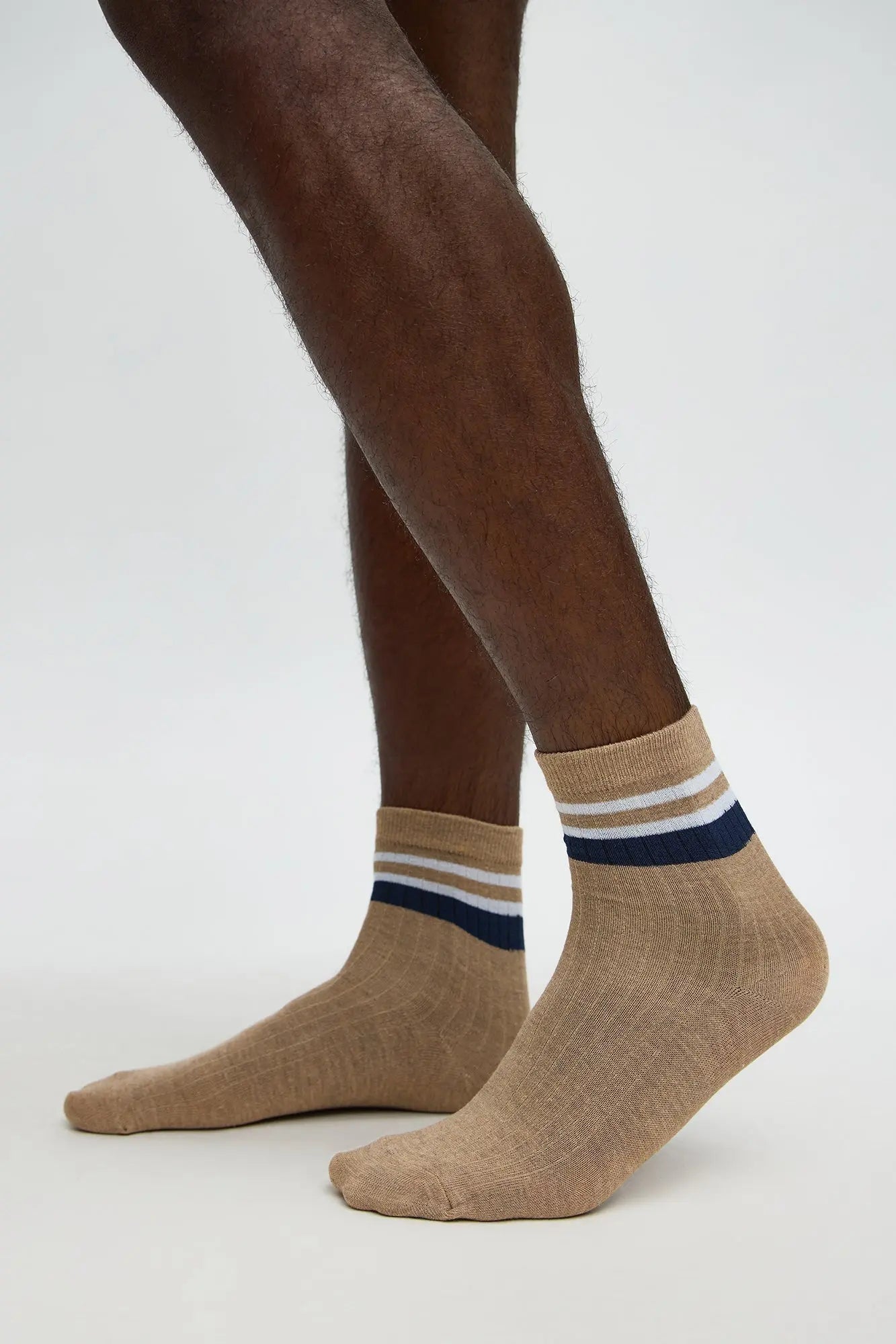 Contrast Stripes Ribbed Crew Sock  - Tan