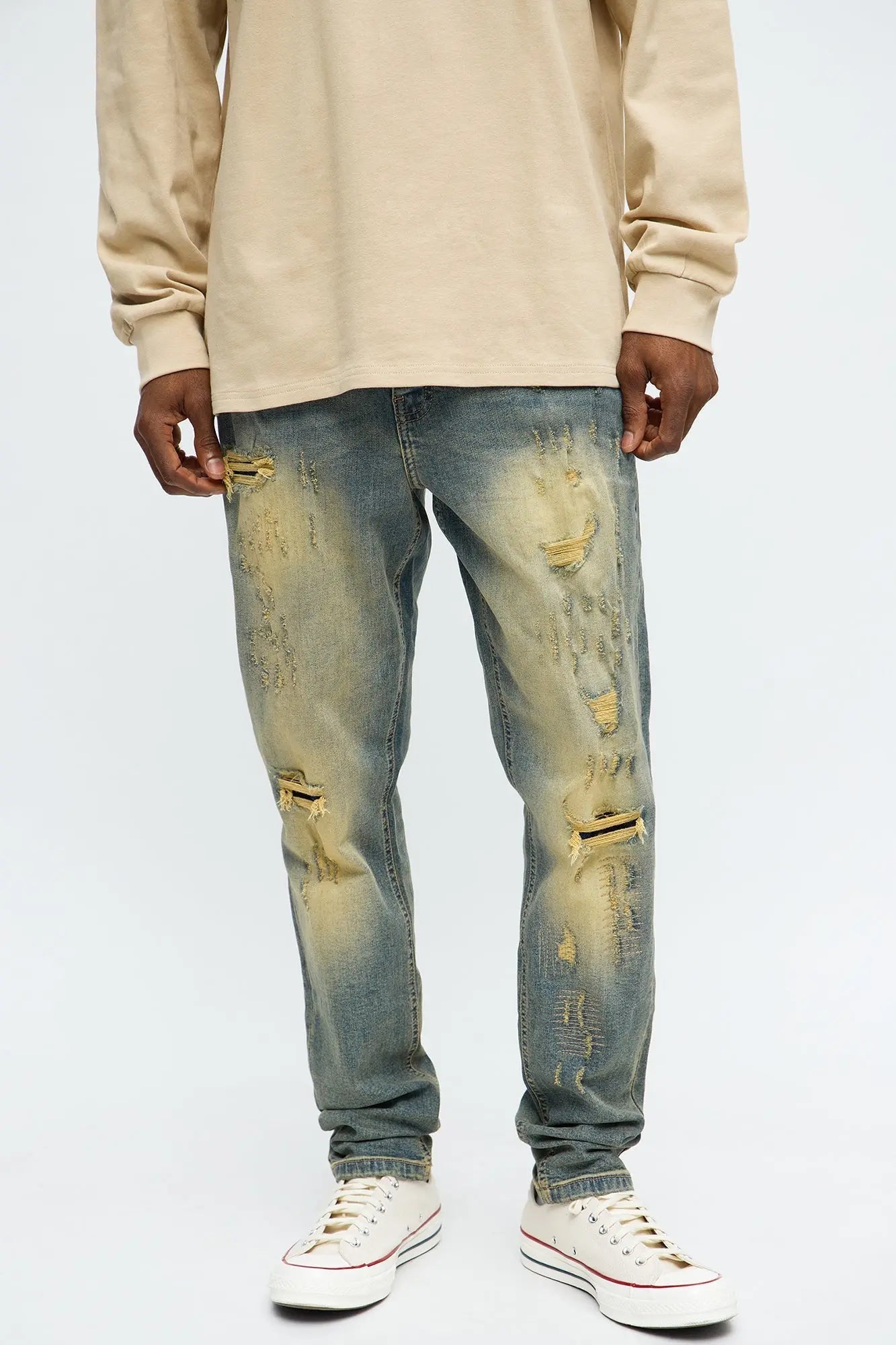 Skinny Looking Out Ripped And Repair Jeans - Vintage Blue Wash