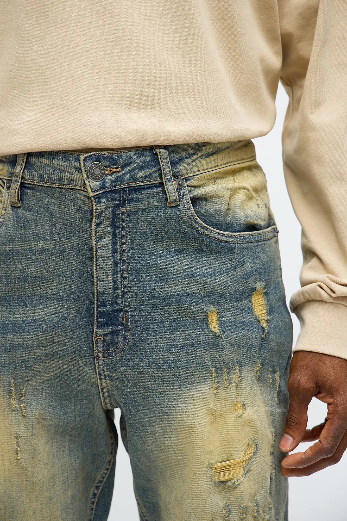 Skinny Looking Out Ripped And Repair Jeans - Vintage Blue Wash