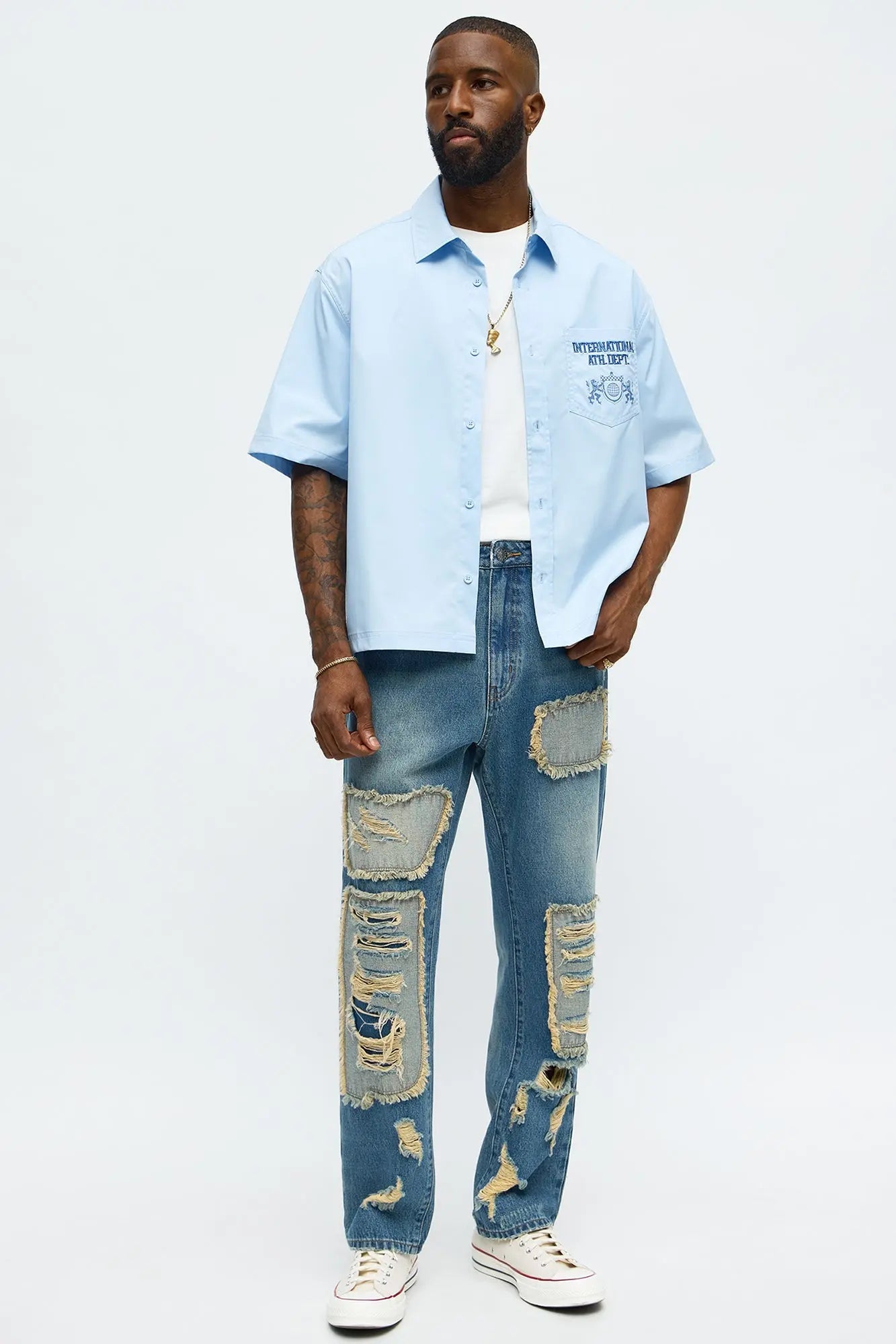 Slim Patches With Fray Distressed Jeans - Vintage Blue Wash