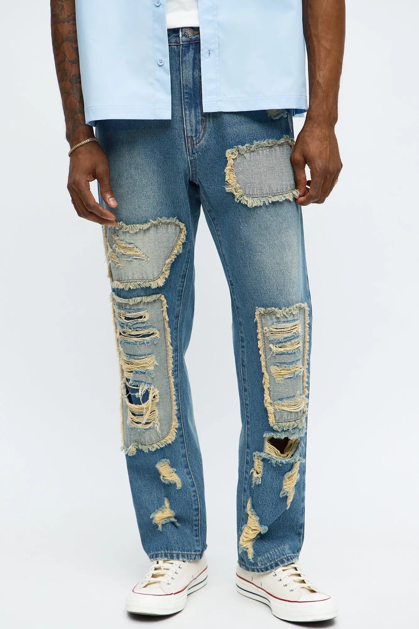 Slim Patches With Fray Distressed Jeans - Vintage Blue Wash