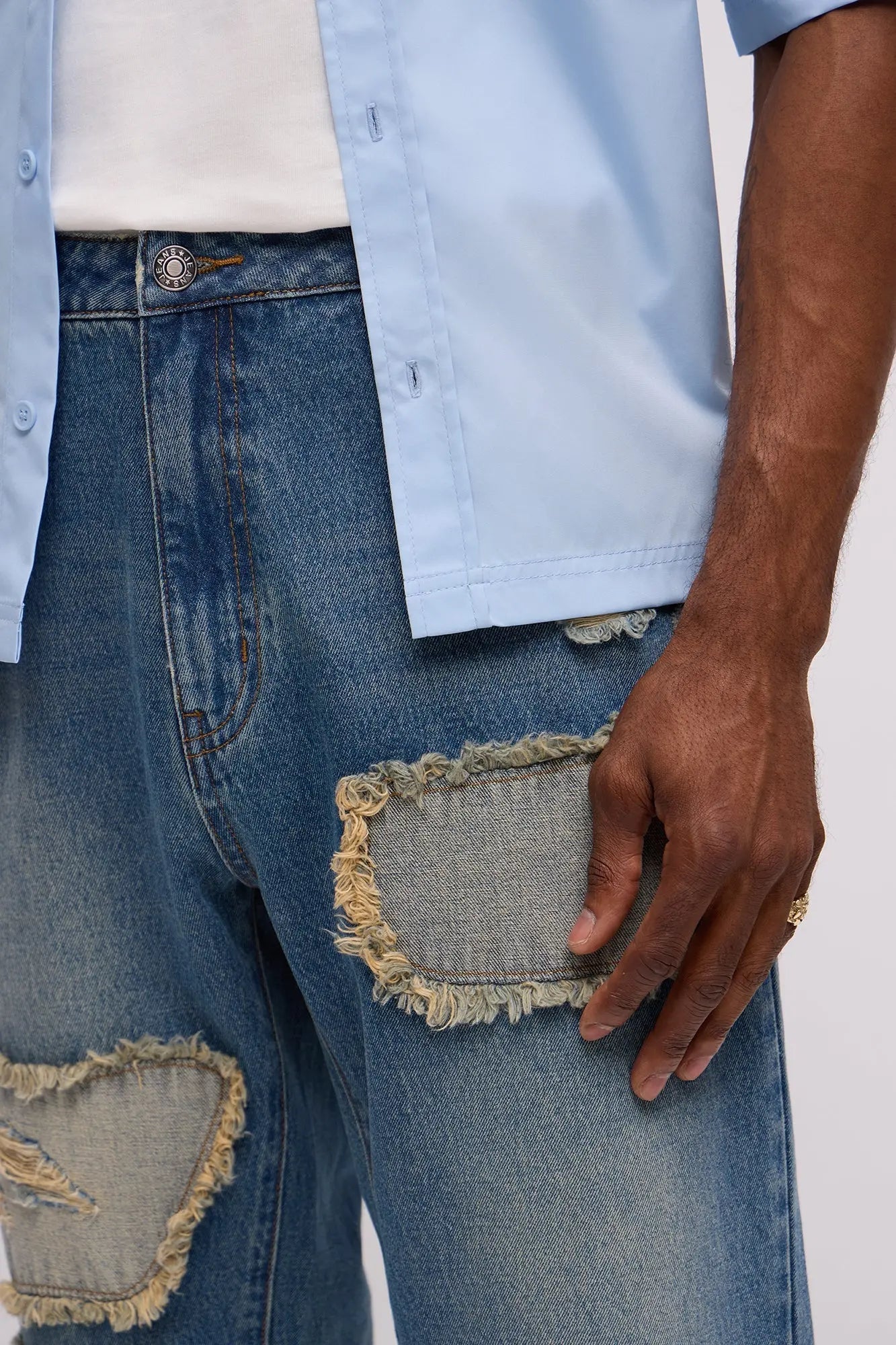 Slim Patches With Fray Distressed Jeans - Vintage Blue Wash