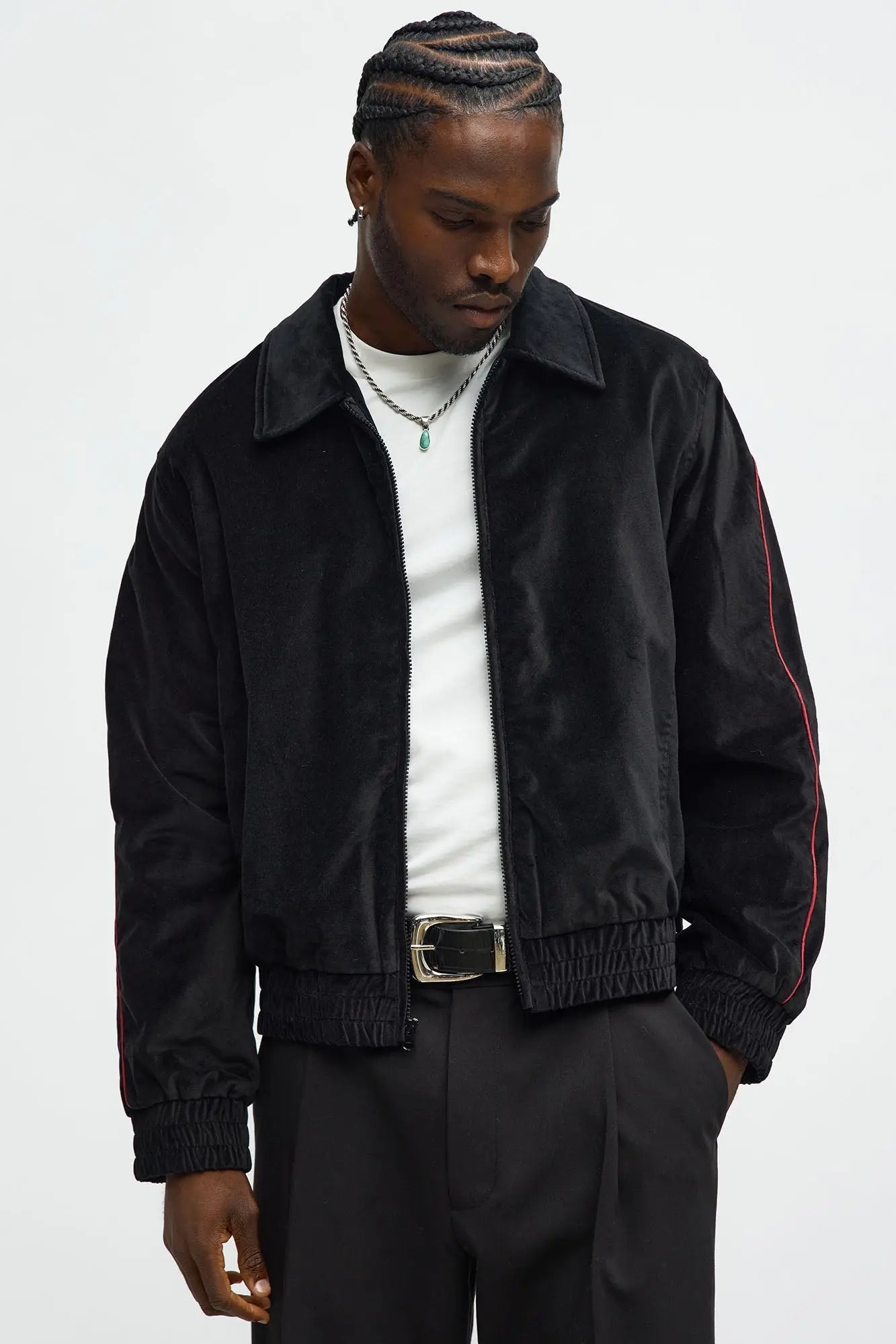 Cropped Around The Track Faux Velour Piped Zip Jacket - Black
