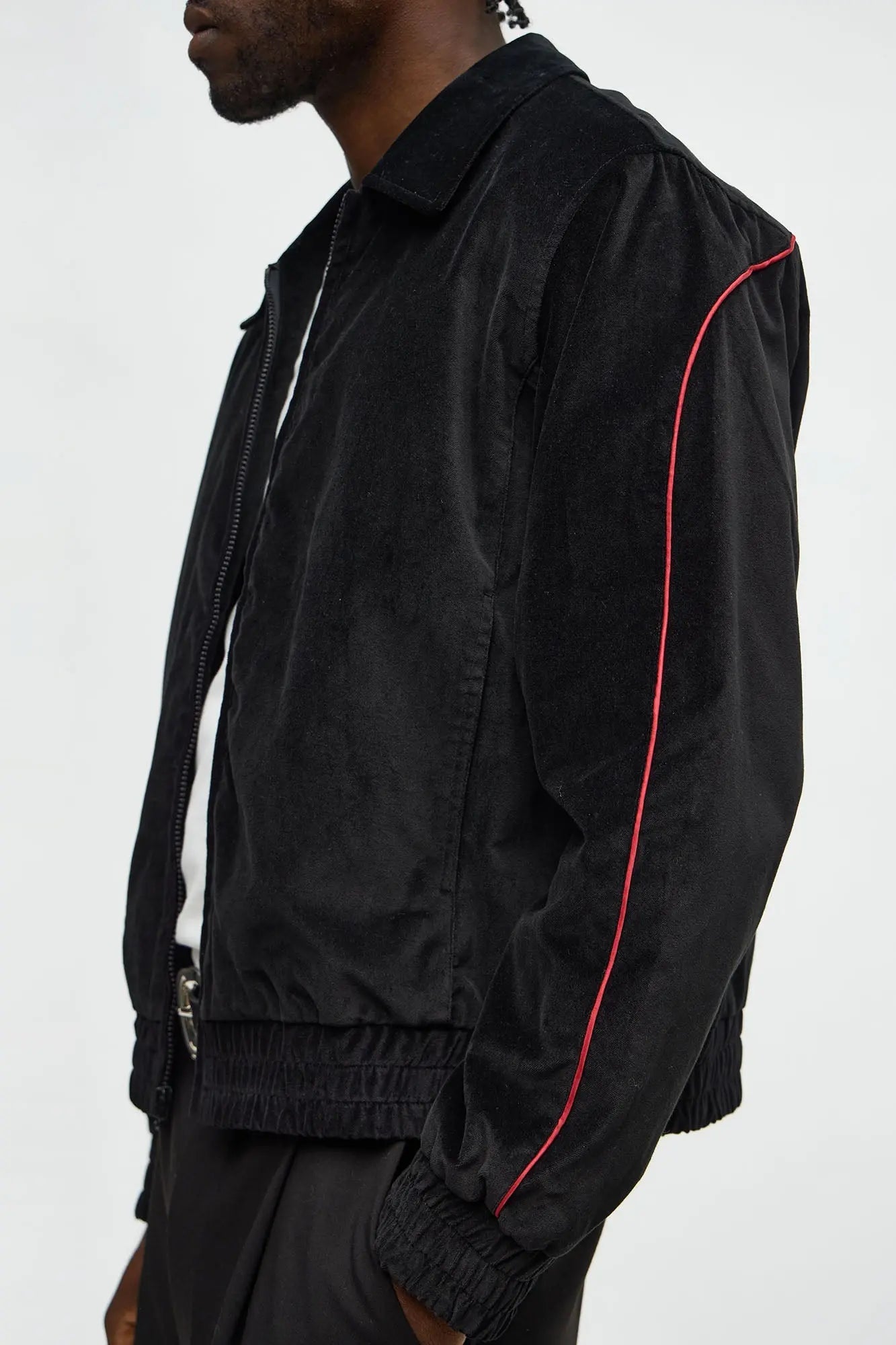 Cropped Around The Track Faux Velour Piped Zip Jacket - Black