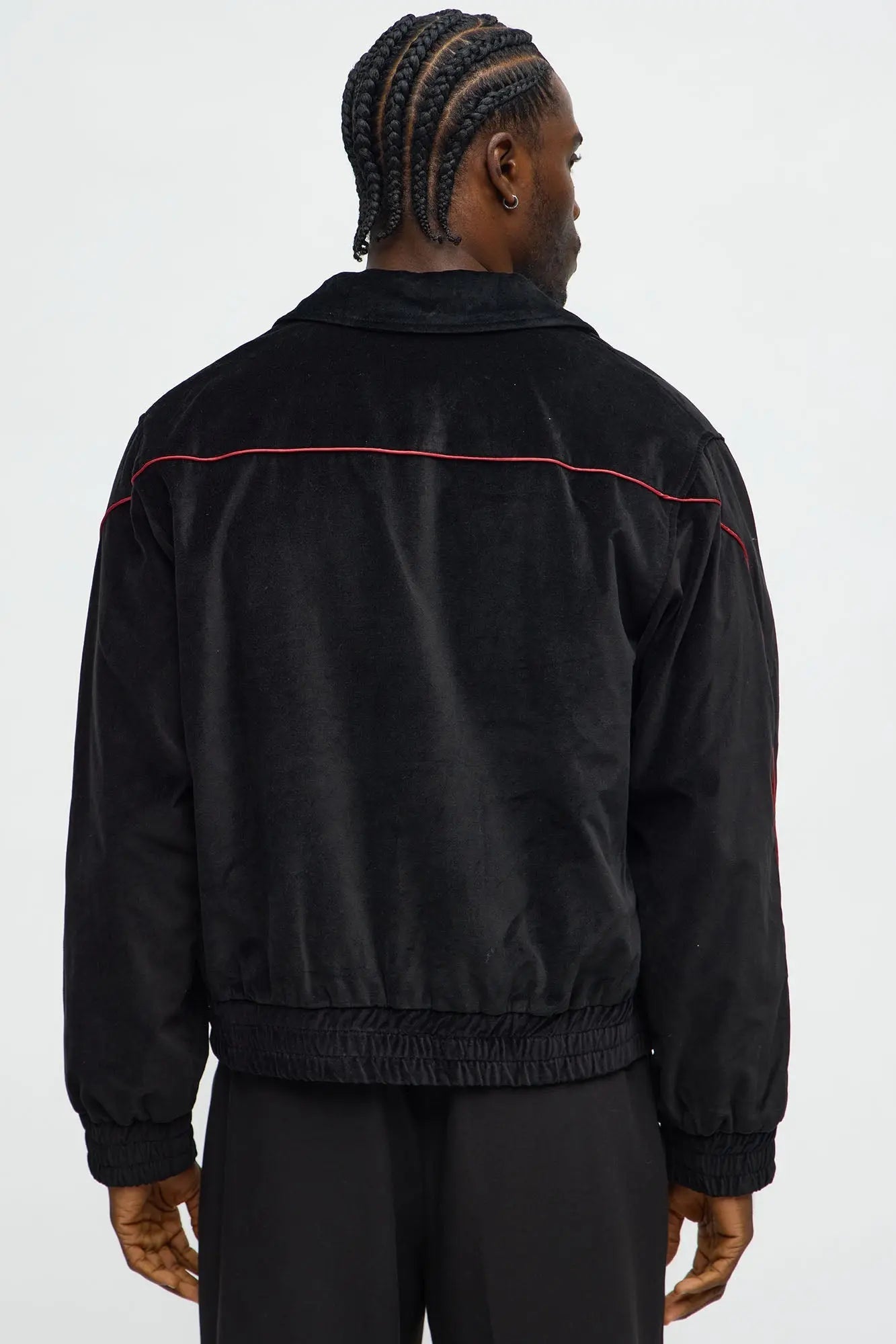 Cropped Around The Track Faux Velour Piped Zip Jacket - Black
