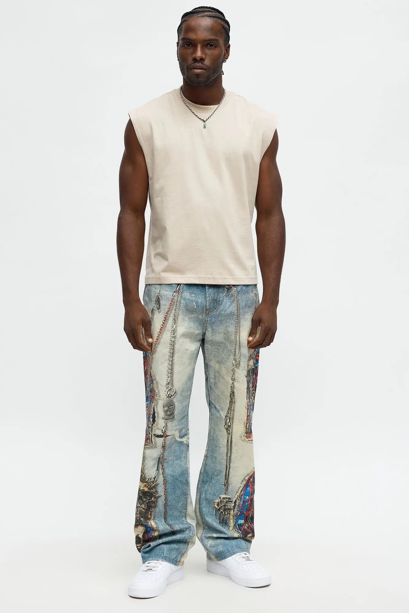 Baggy Holy War Chains Printed Jean - Light Wash