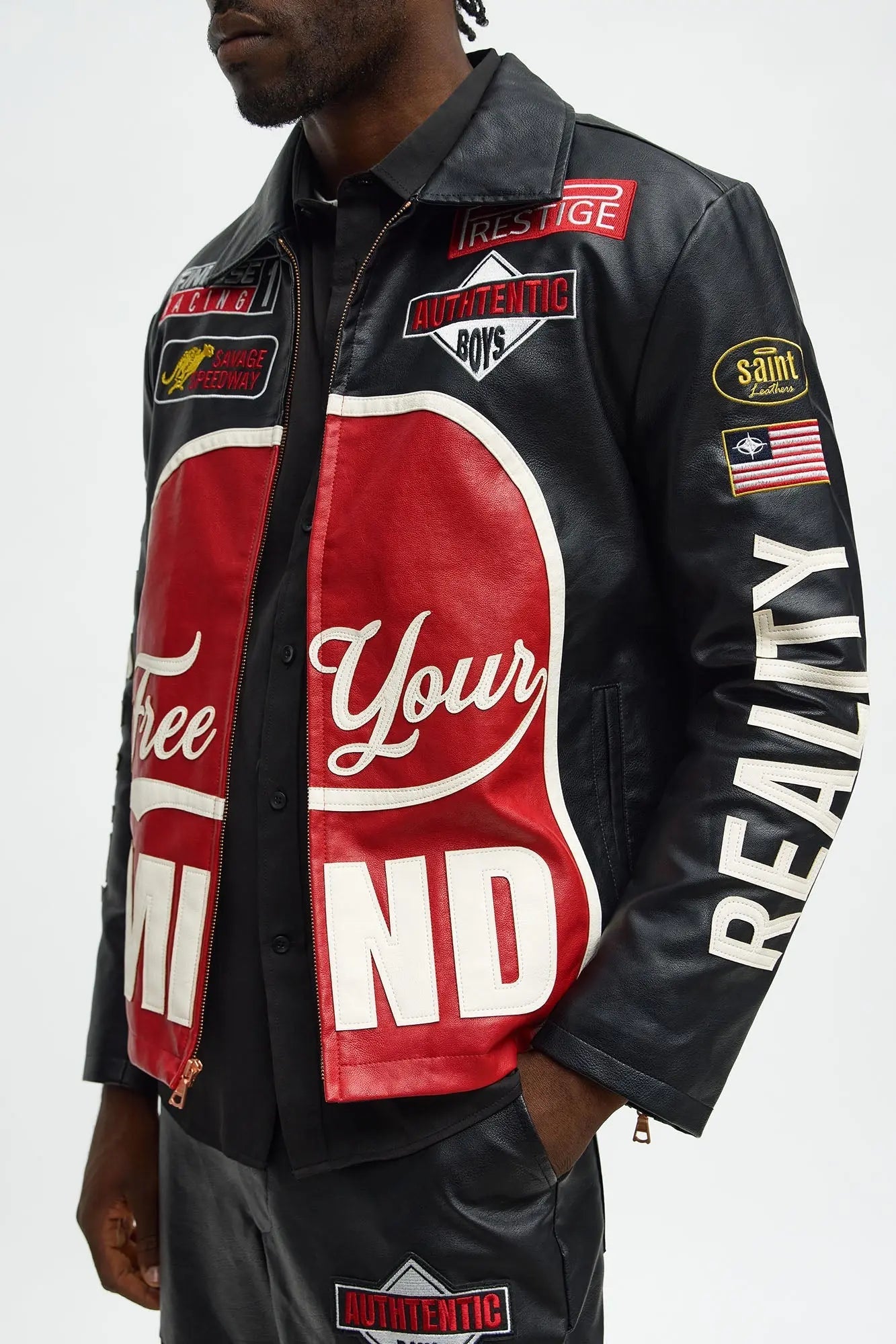 Free Your Mind Faux Leather Racing Jacket - Black/combo