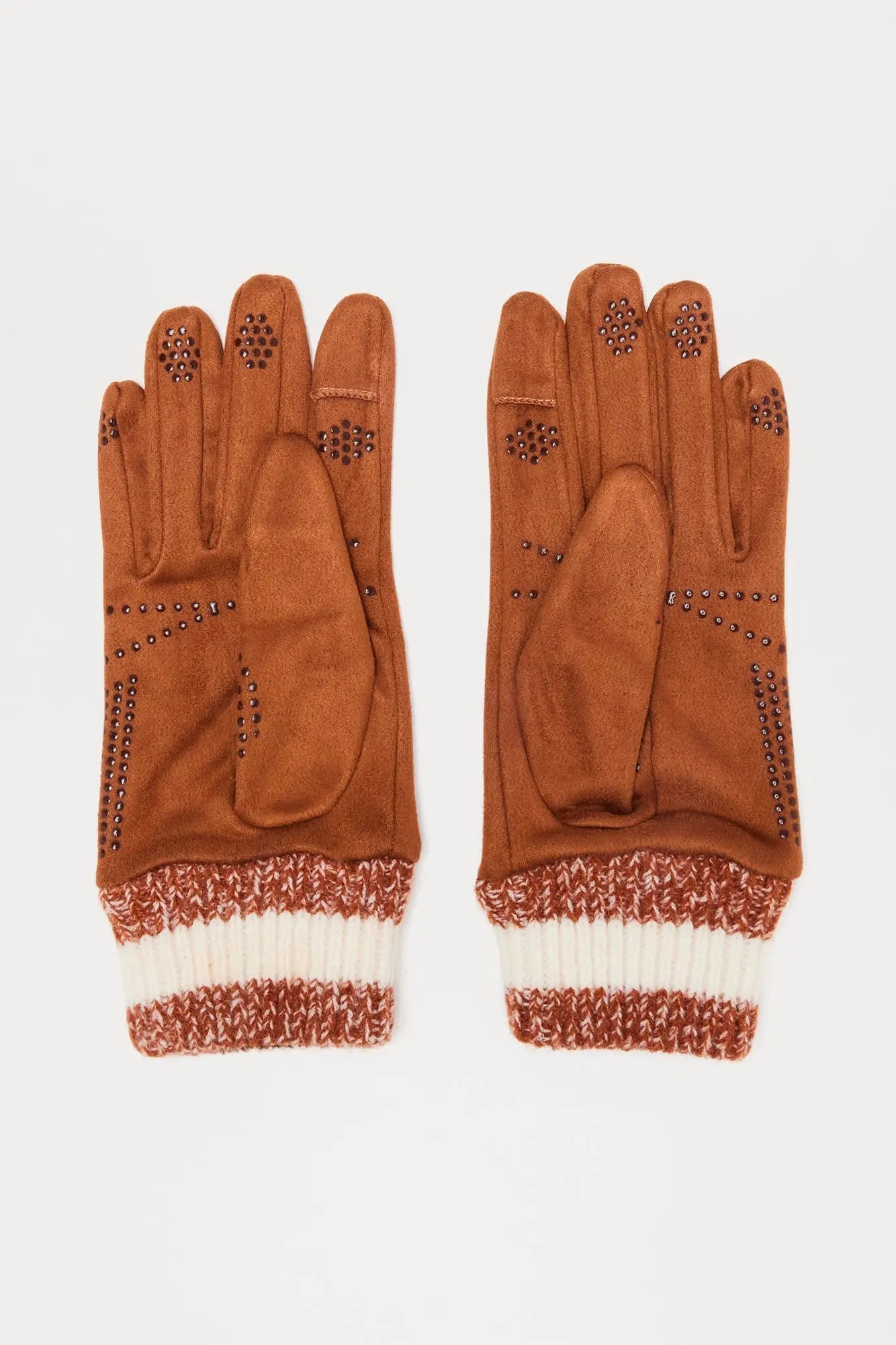 Faux Suede Ribbed Cuff Grip Gloves - Brown
