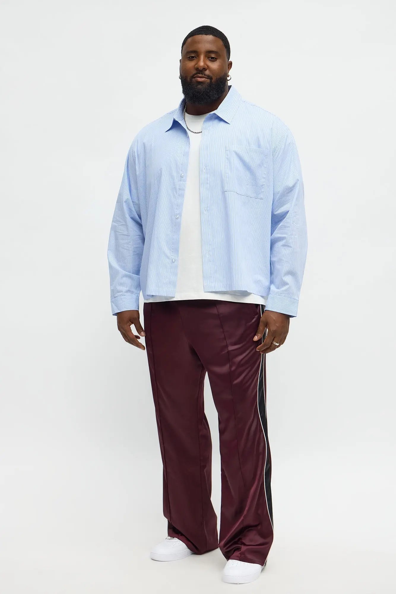 Cropped Top Thingz Striped Long Sleeve Button Up Shirt - Blue