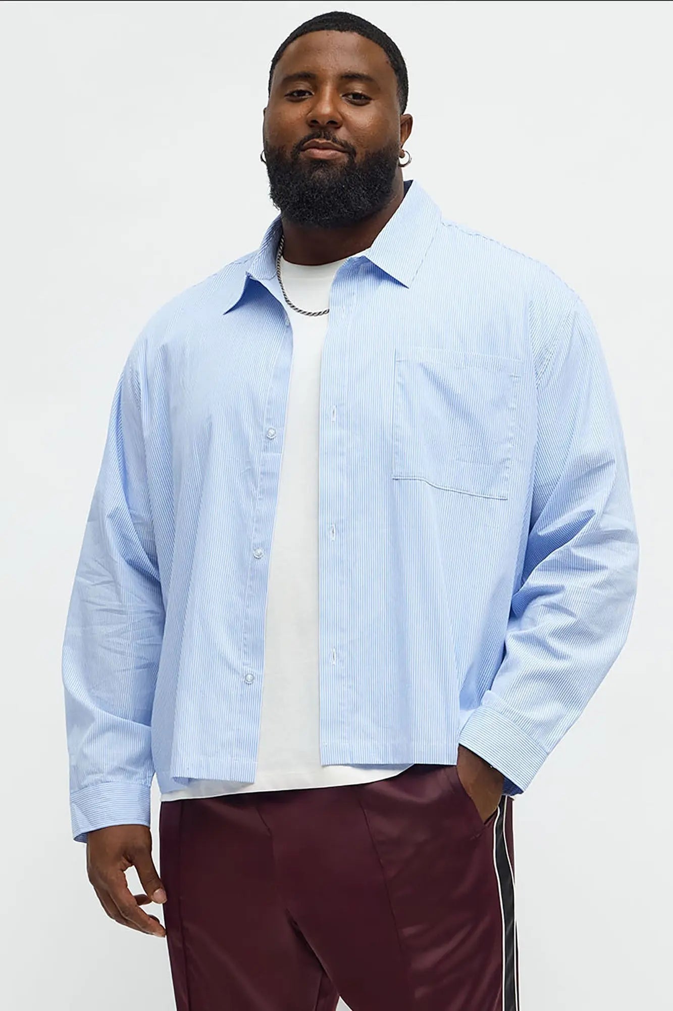 Cropped Top Thingz Striped Long Sleeve Button Up Shirt - Blue