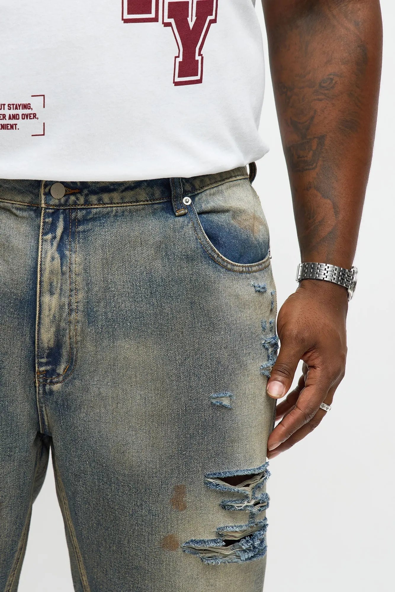 Stacked Slim Flare Burnout Distressed Jean - Medium Wash