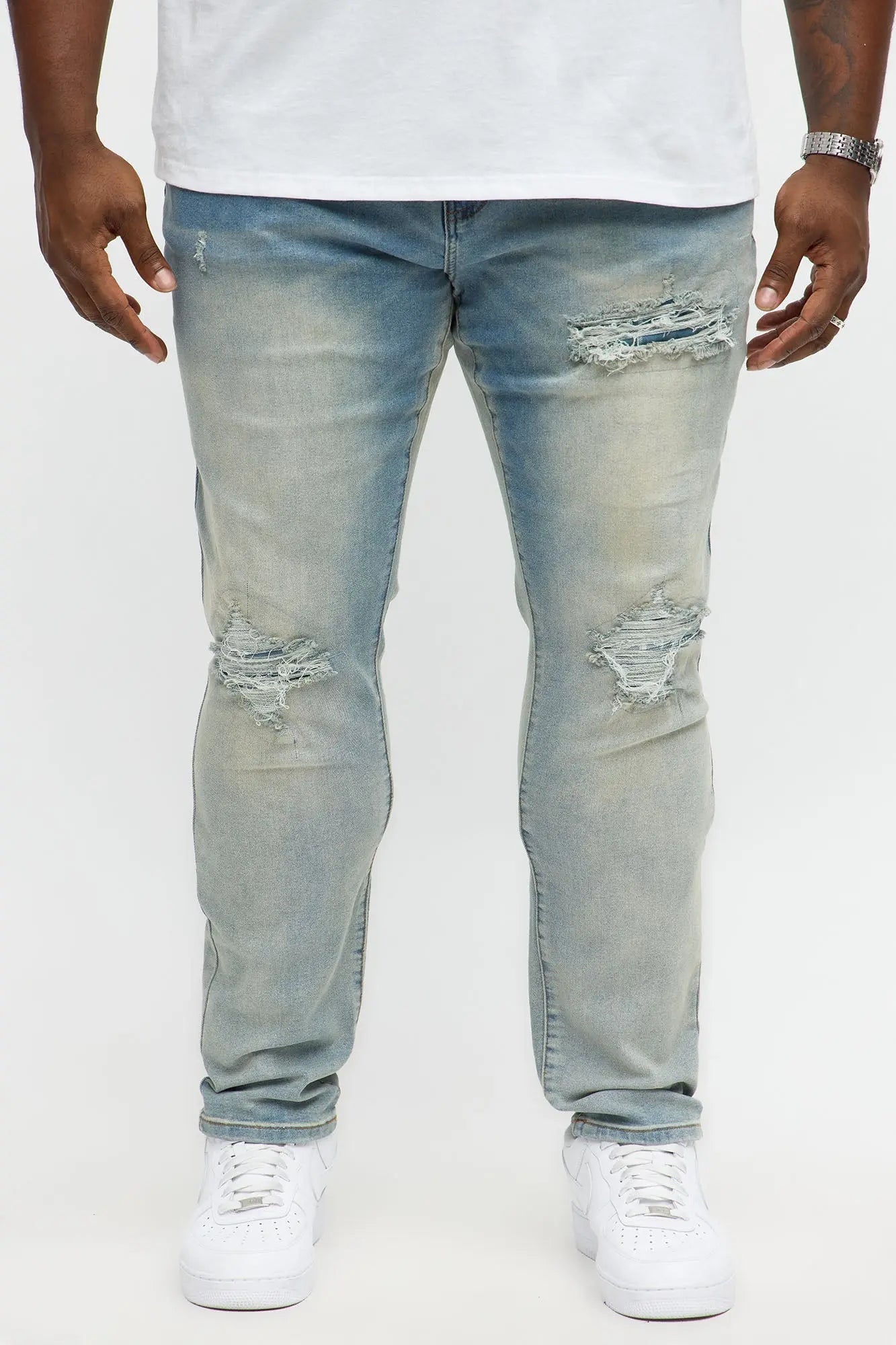 Skinny Destructed Repair With Plaid Jean - Light Blue Wash