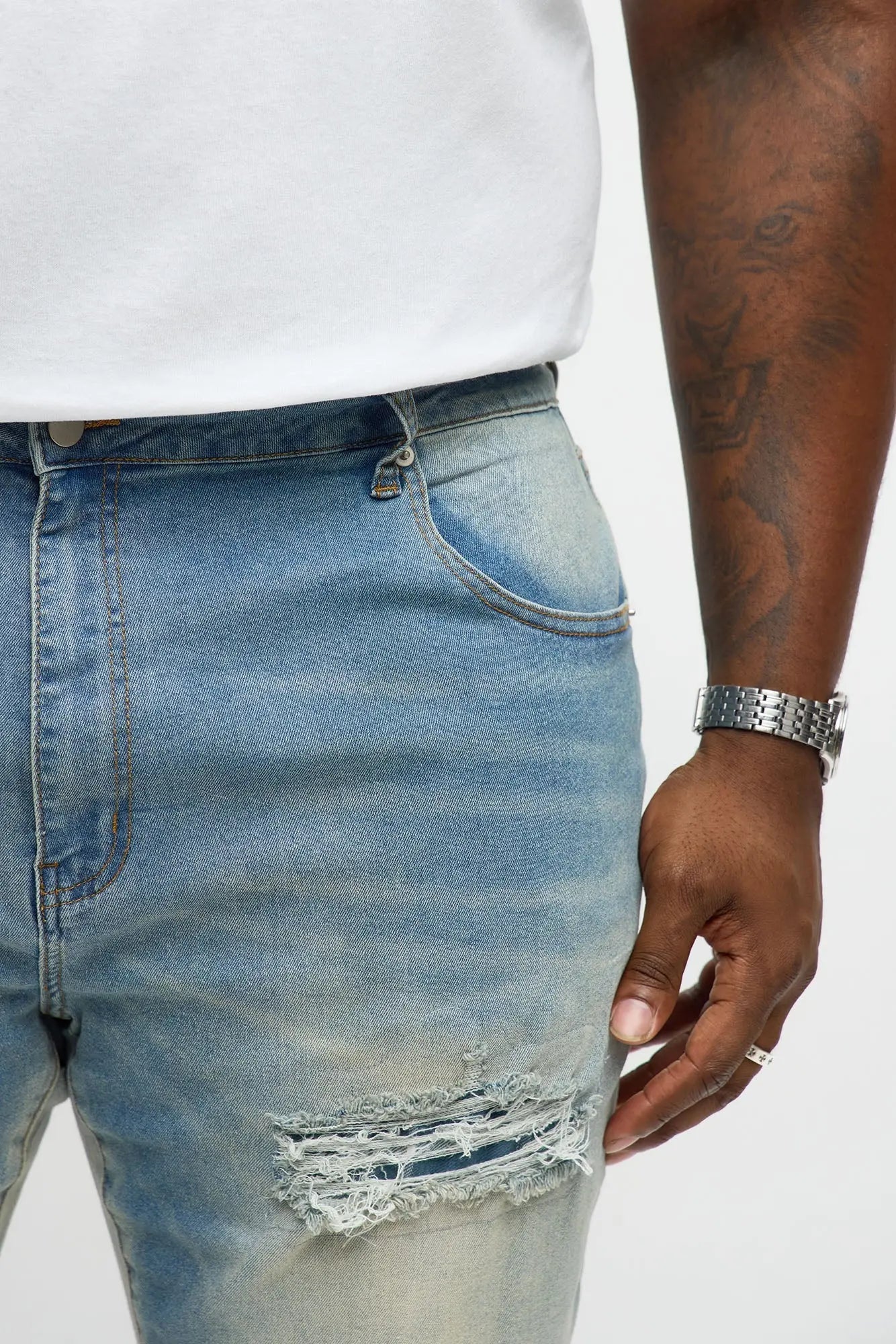 Skinny Destructed Repair With Plaid Jean - Light Blue Wash