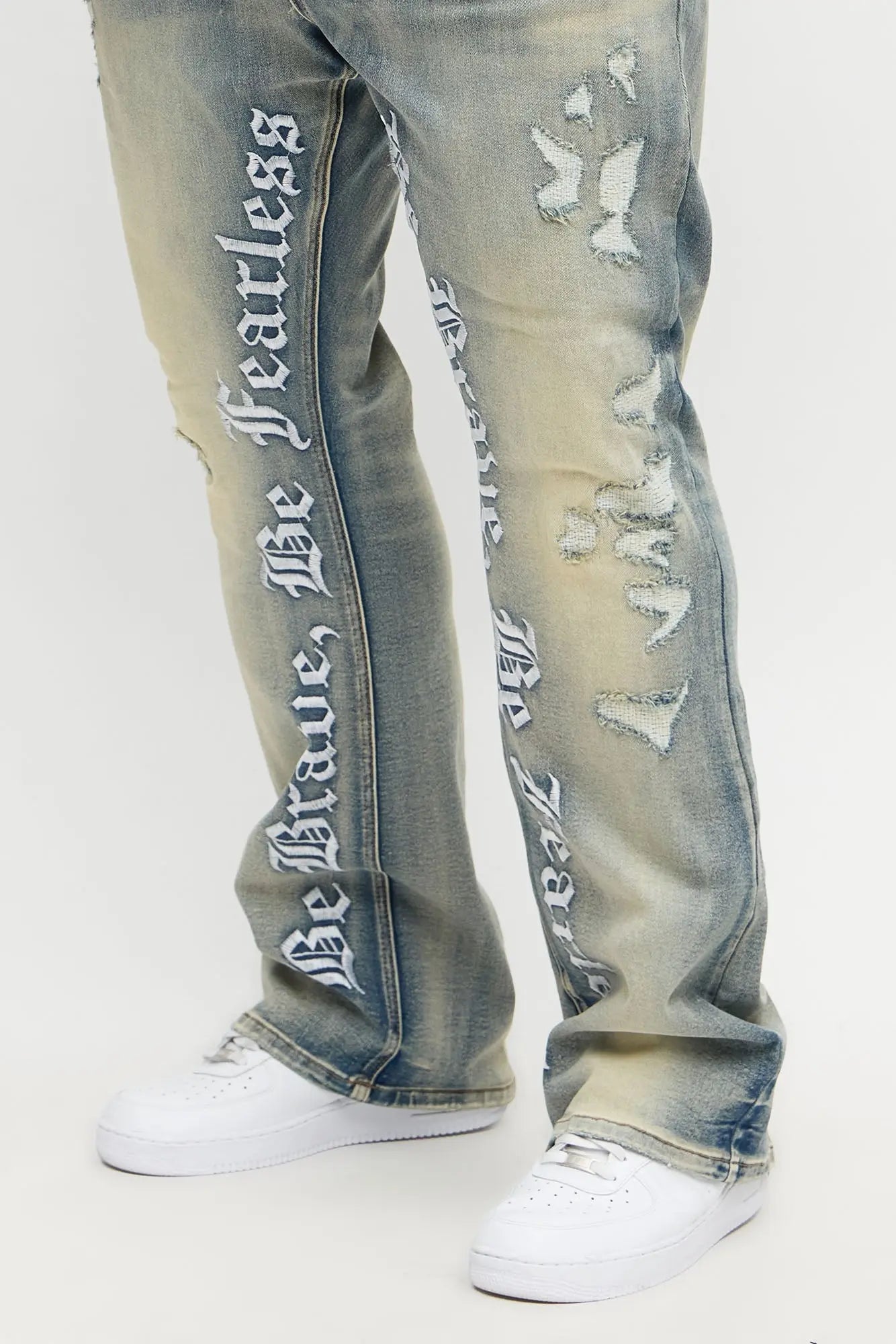 Stacked Skinny Flare Be Brave Be Fearless Embridered Jean - Vintage Blue Wash