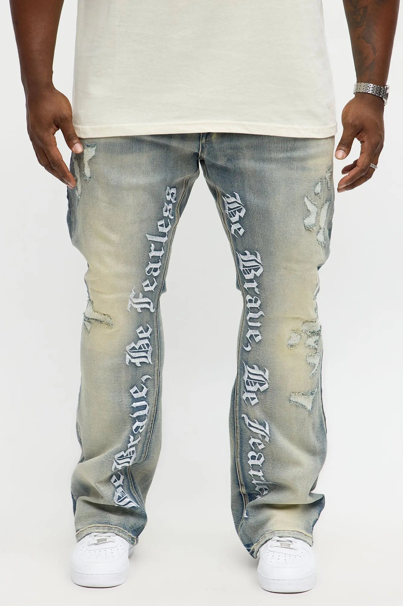 Stacked Skinny Flare Be Brave Be Fearless Embridered Jean - Vintage Blue Wash
