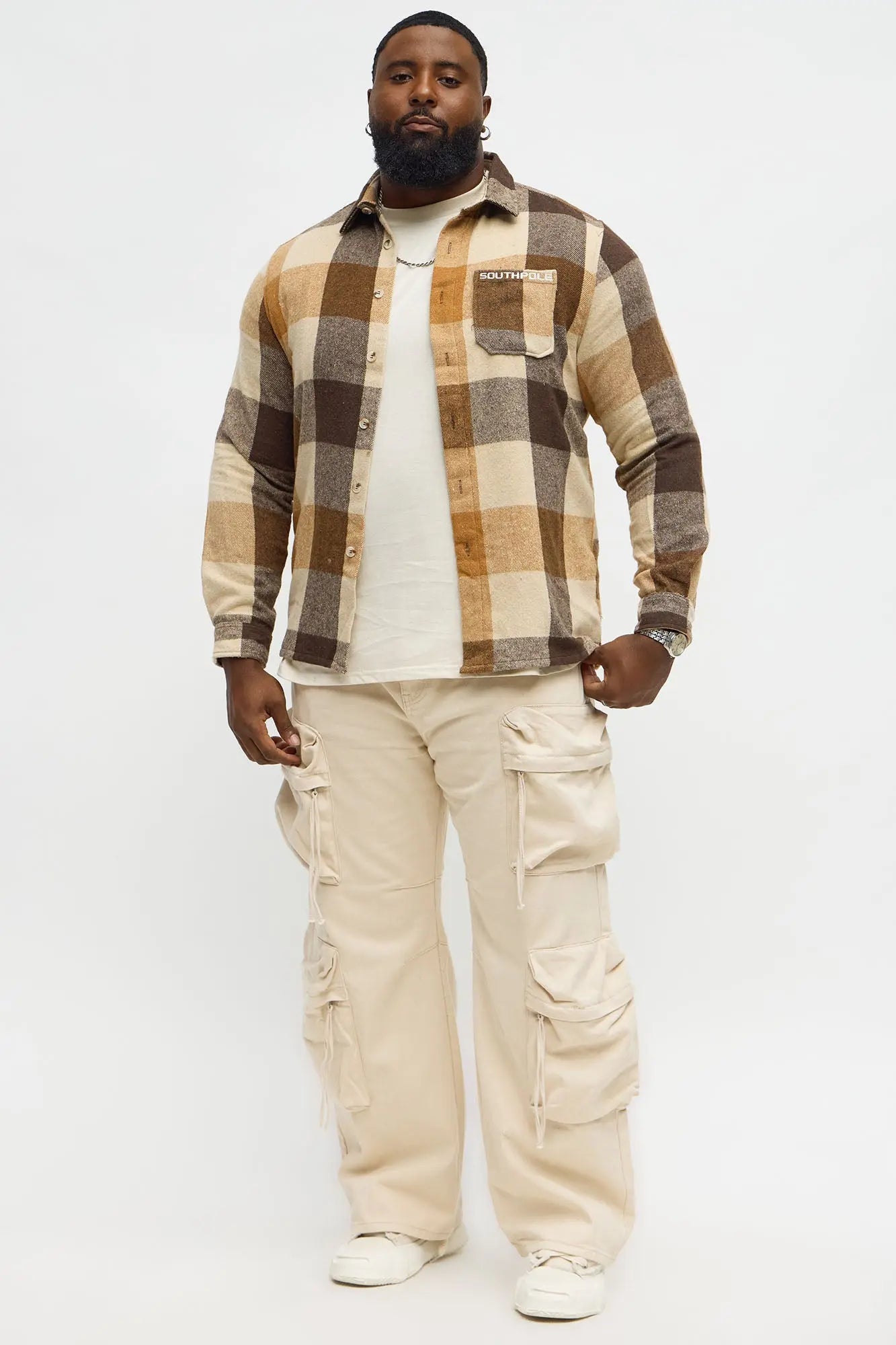 Southpole Plaid Long Sleeve Button Up Shirt - Khaki
