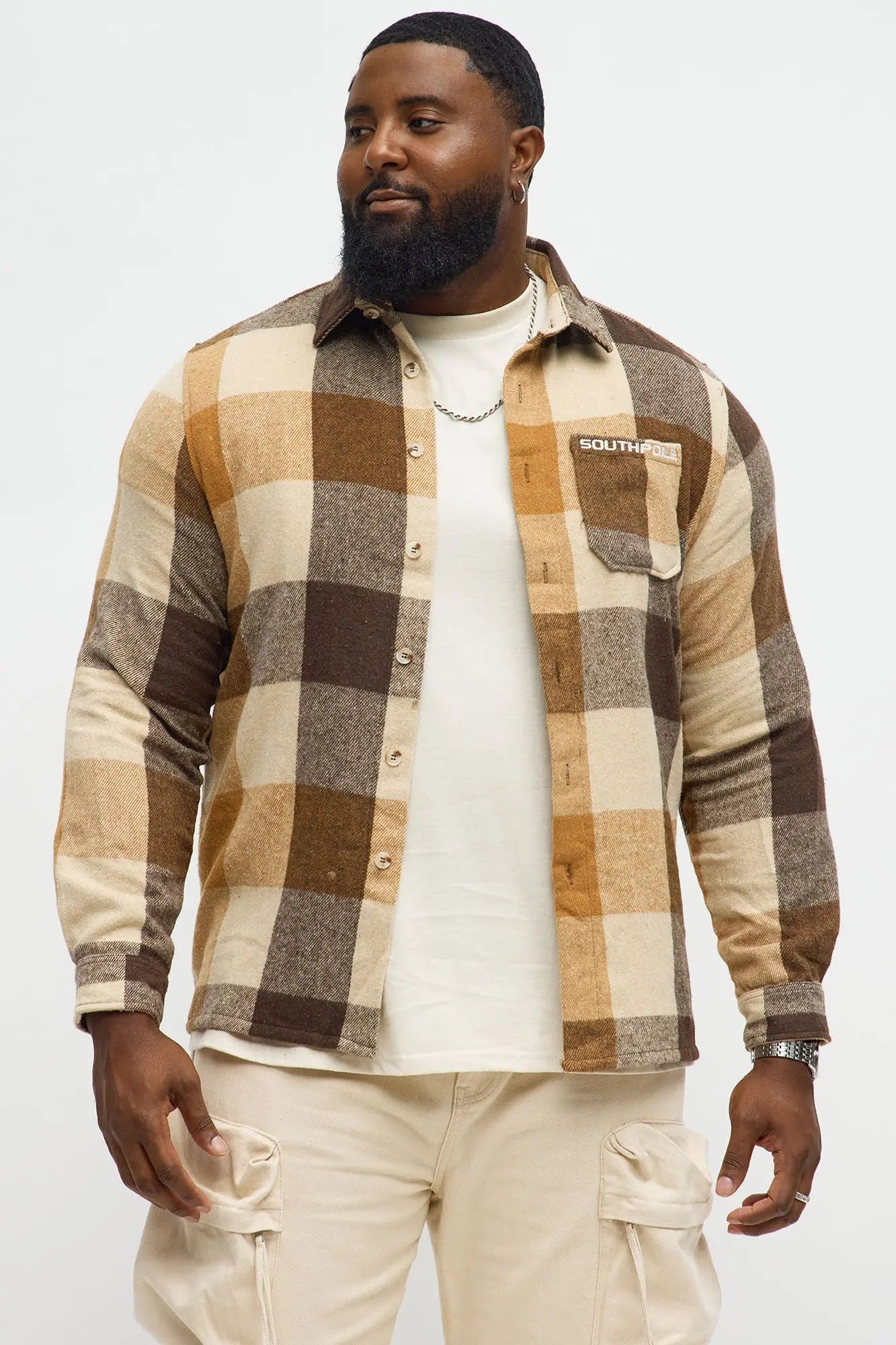 Southpole Plaid Long Sleeve Button Up Shirt - Khaki