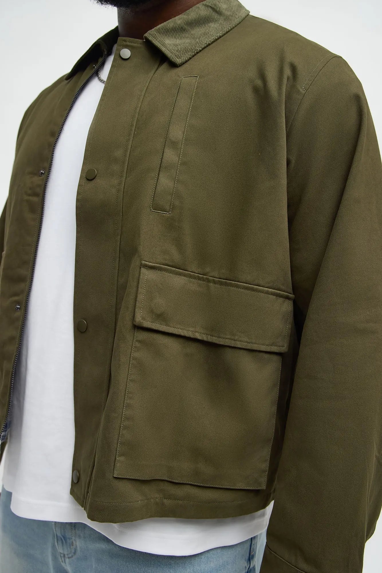 Cropped Utility Corduroy Collar Work Jacket - Olive