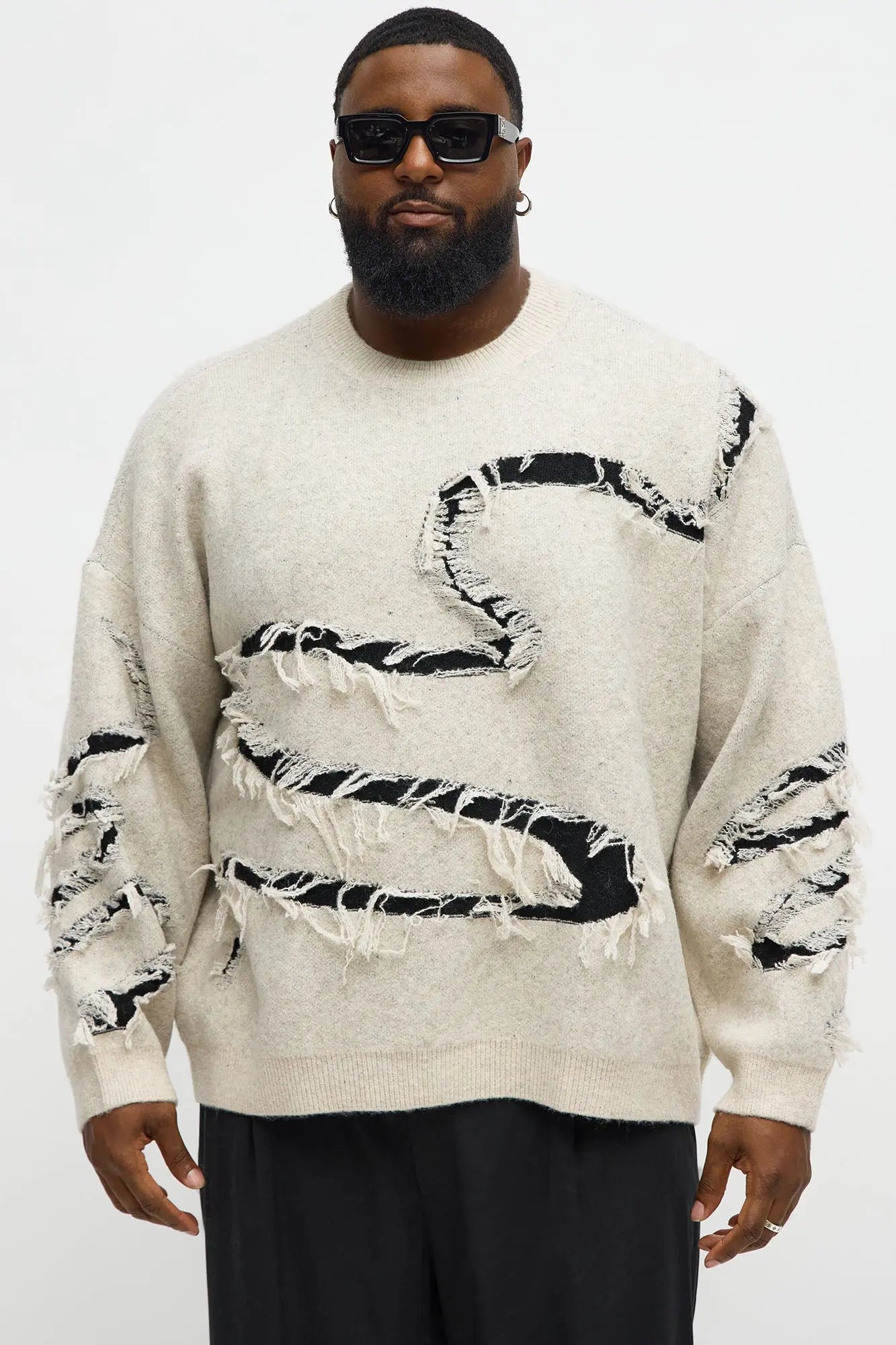 Oversized Trials Distressed Crewneck Sweater - Oatmeal/combo