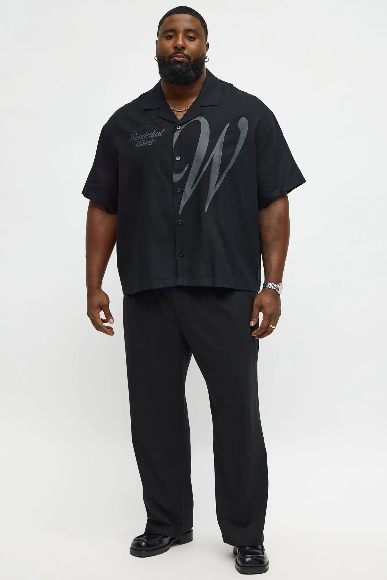 Boxy Wanderlust Cuban Collar Linen Shirt - Black