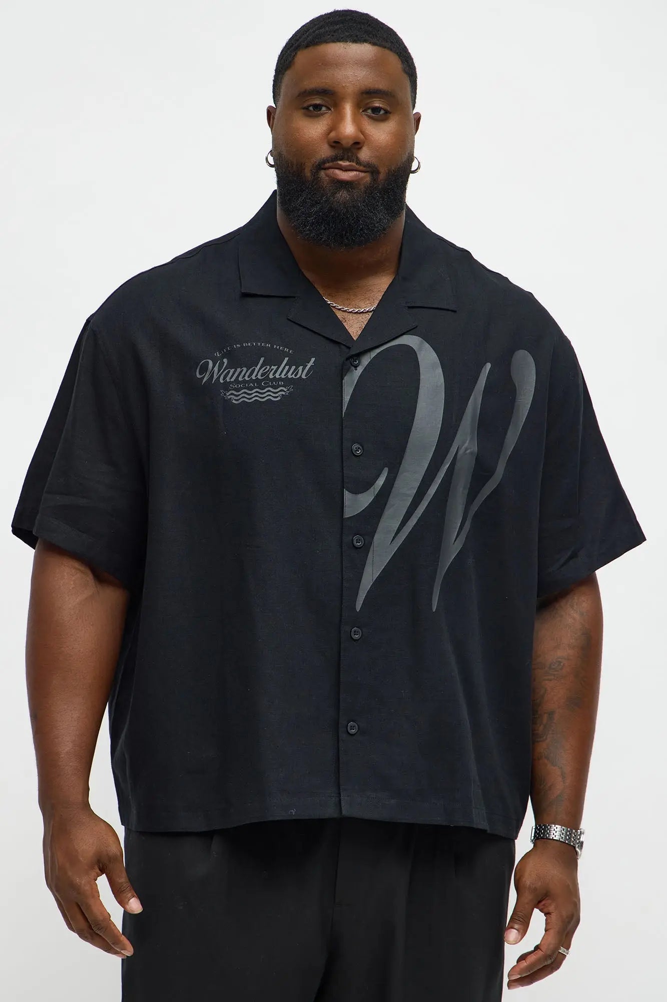 Boxy Wanderlust Cuban Collar Linen Shirt - Black