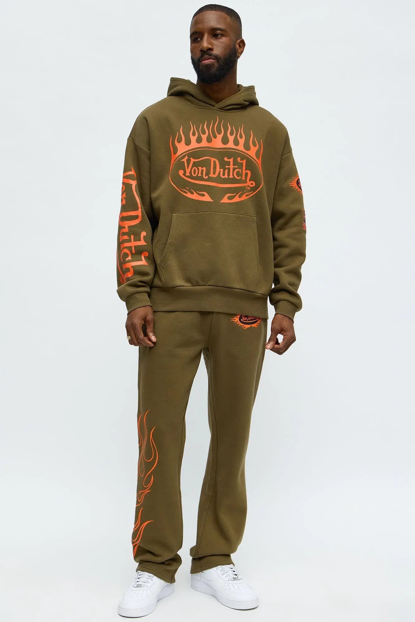 Von Dutch Fire Logo Oversized Hoodie - Olive