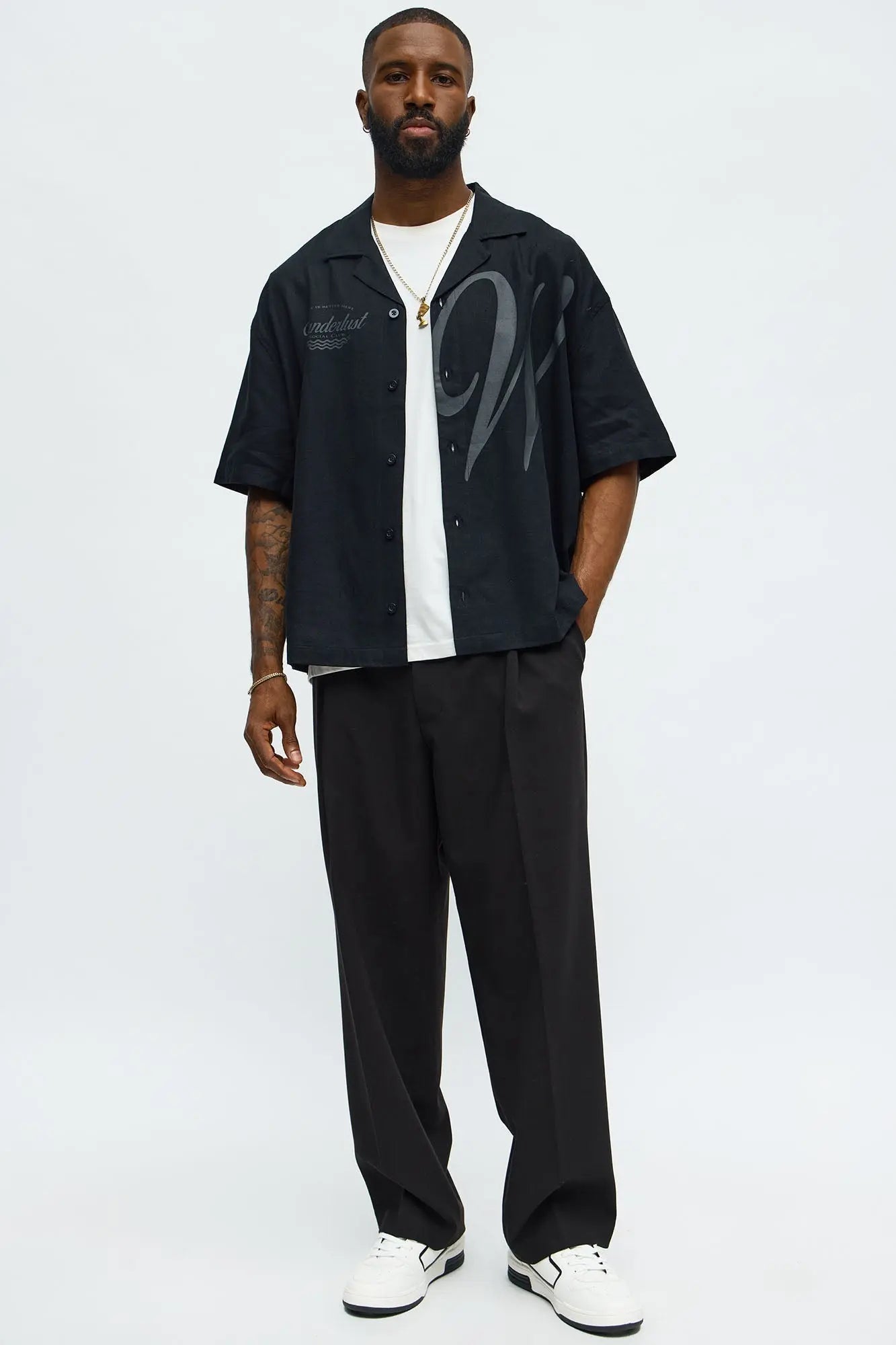 Boxy Wanderlust Cuban Collar Linen Shirt - Black