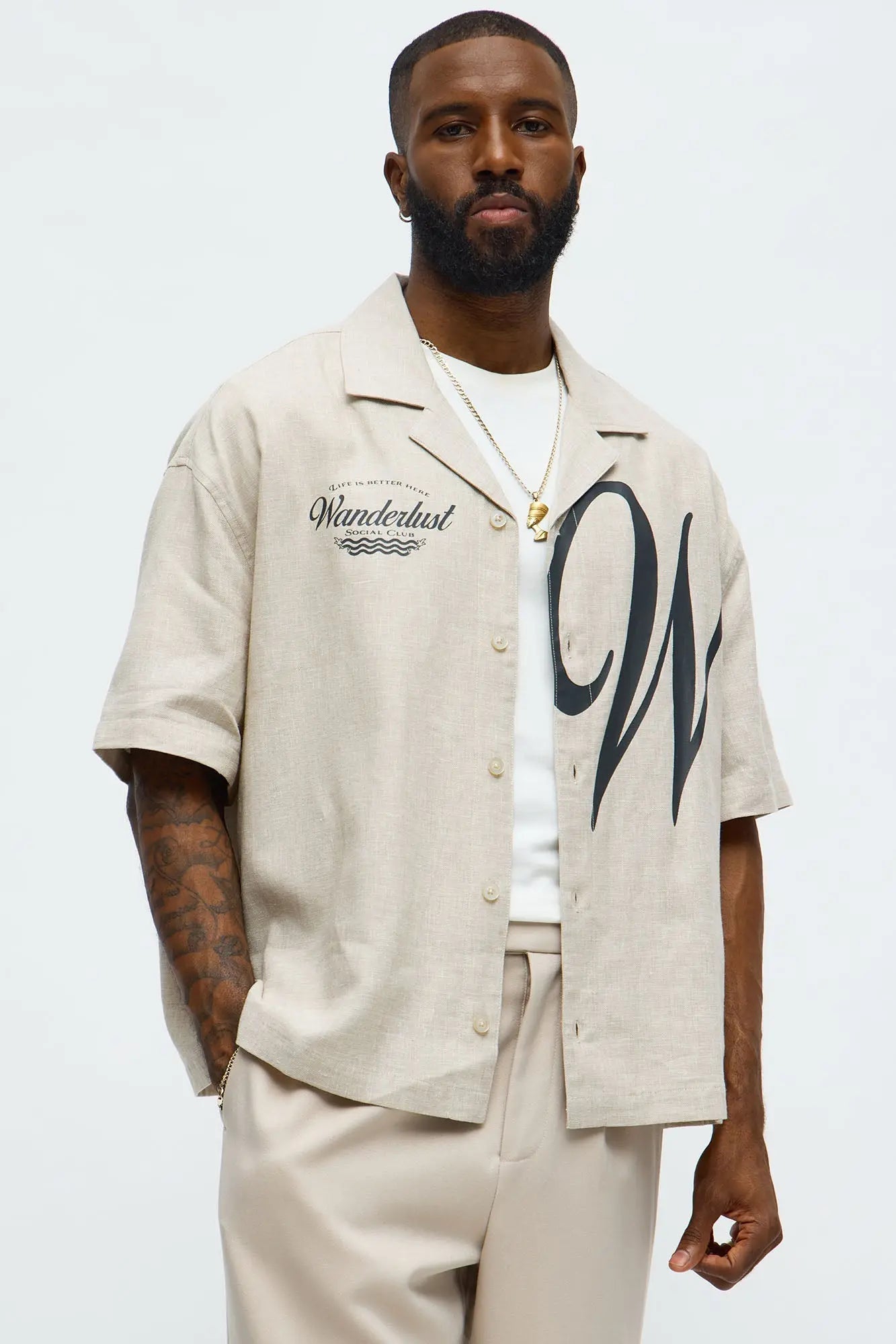 Boxy Wanderlust Cuban Collar Linen Shirt - Stone