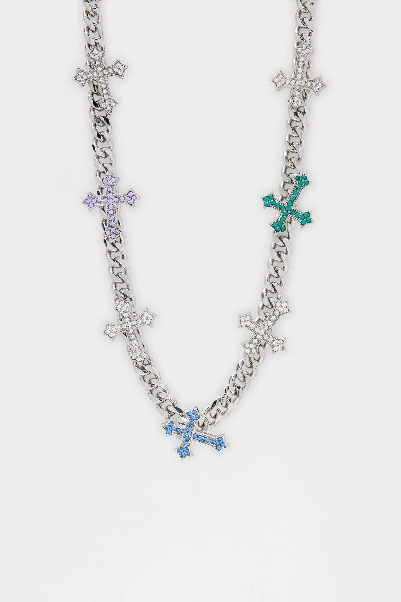 Iced Sideways Cross Cuban Necklace - Silver