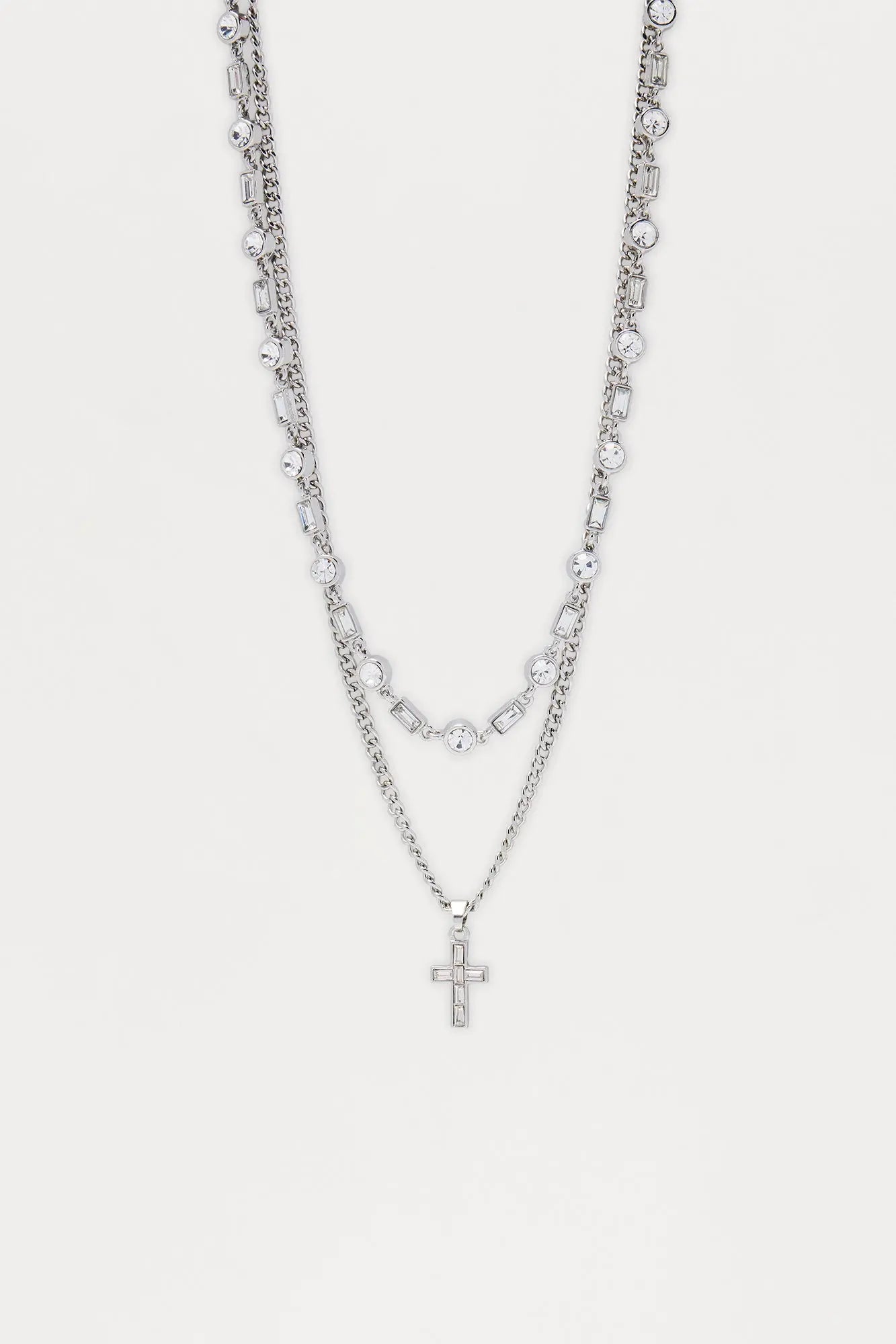 Baguette Cross Necklace Set - Silver