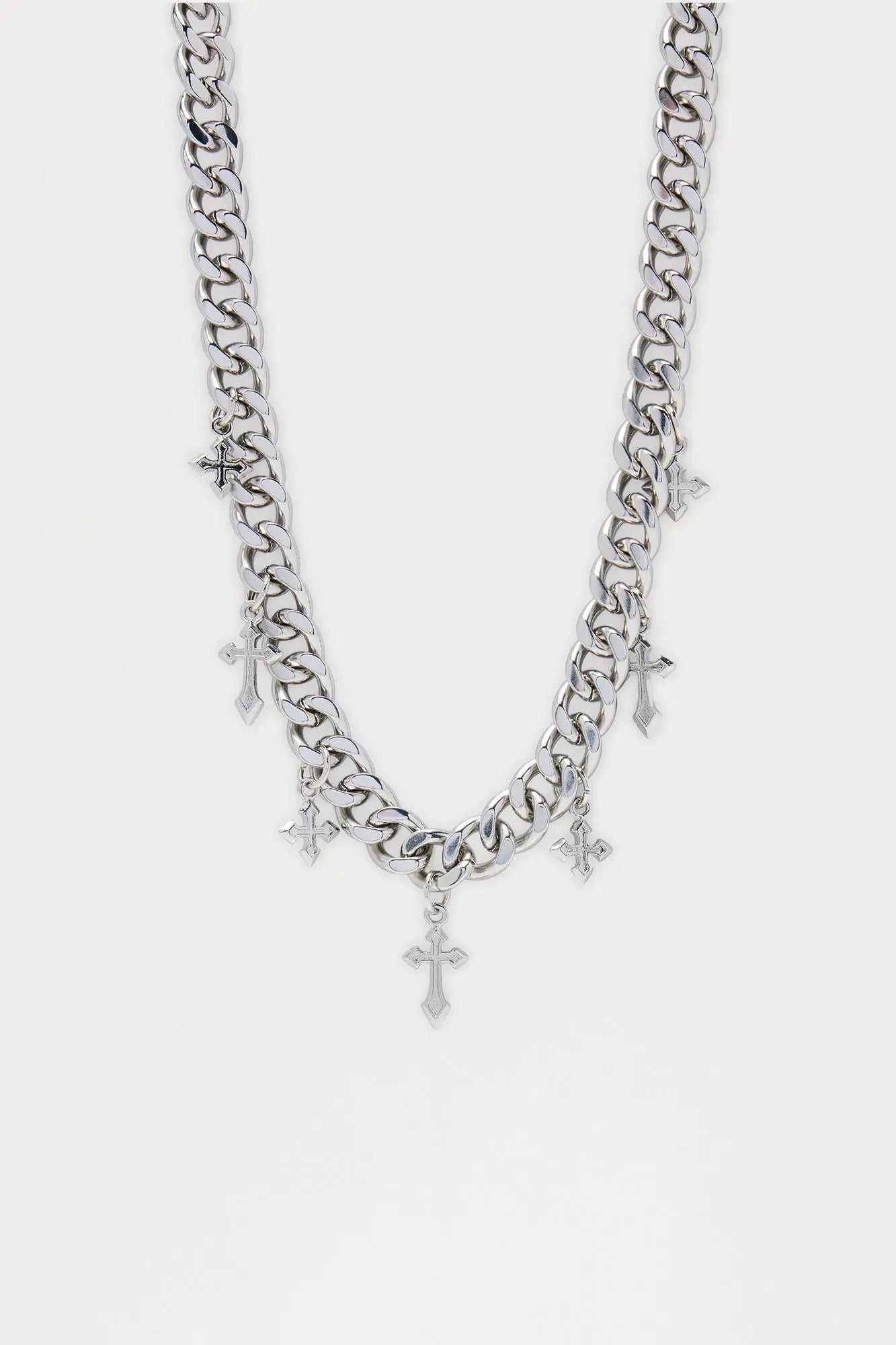 Seven Cross Charm Cuban Link Necklace - Silver