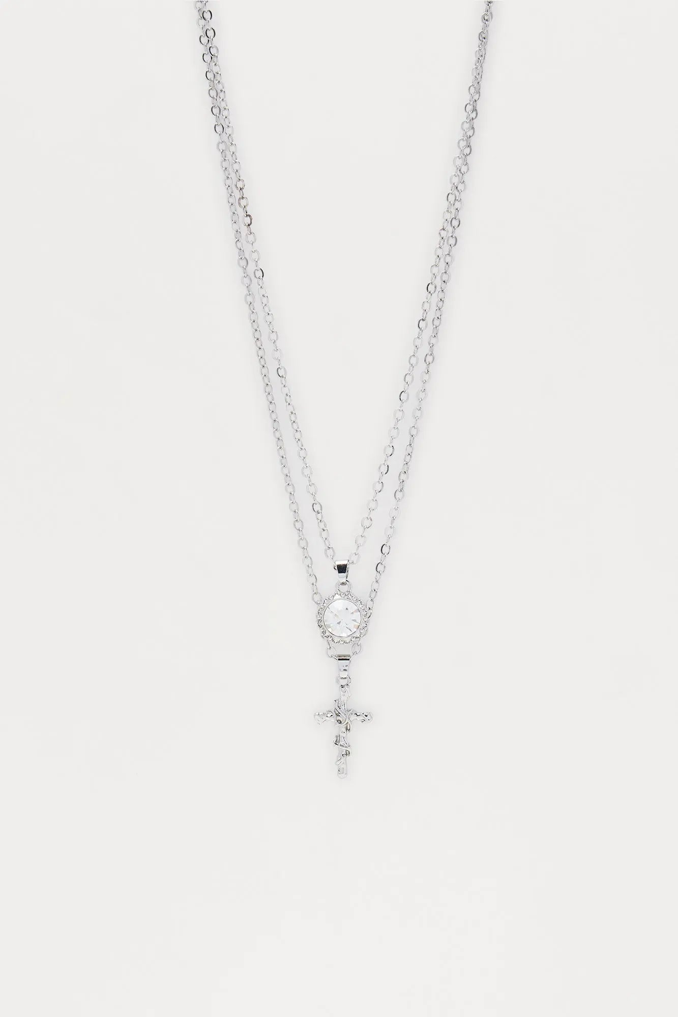Stone Cross Amulet Necklace Set - Silver