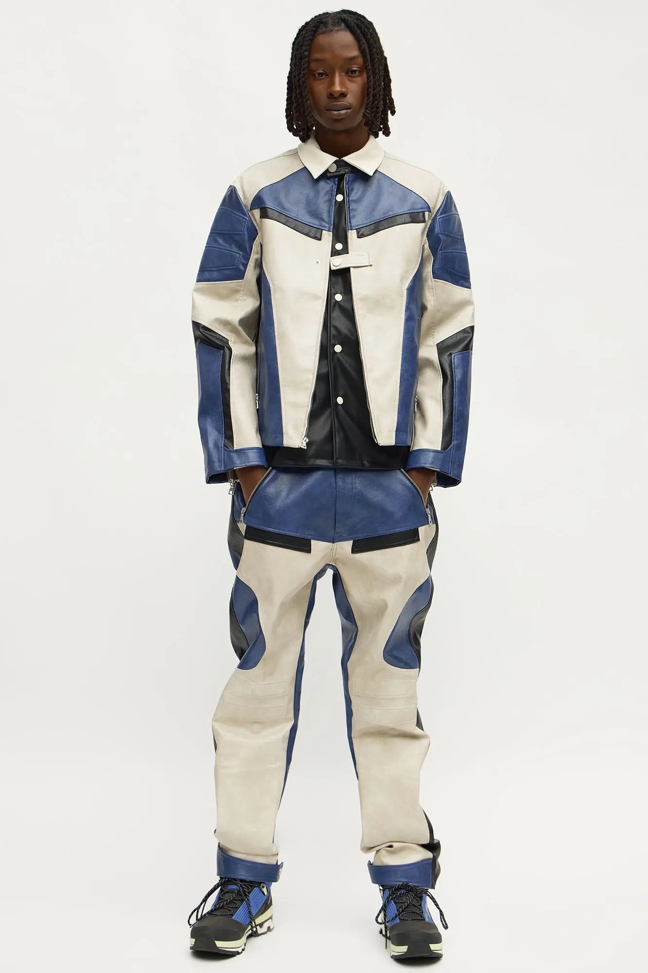 Ignition Paneled Faux Leather Moto Jacket - Blue/combo