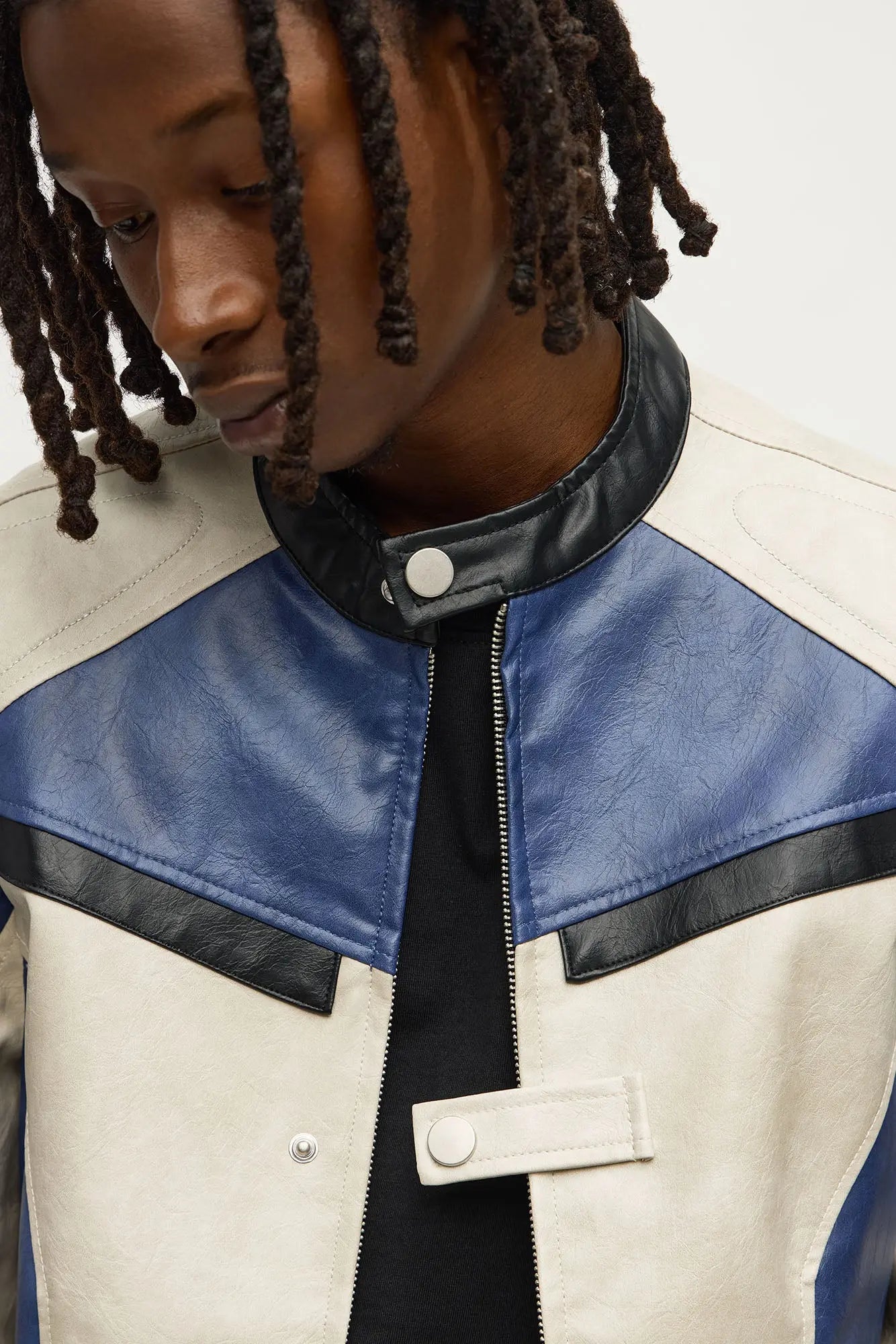 Ignition Paneled Faux Leather Moto Jacket - Blue/combo