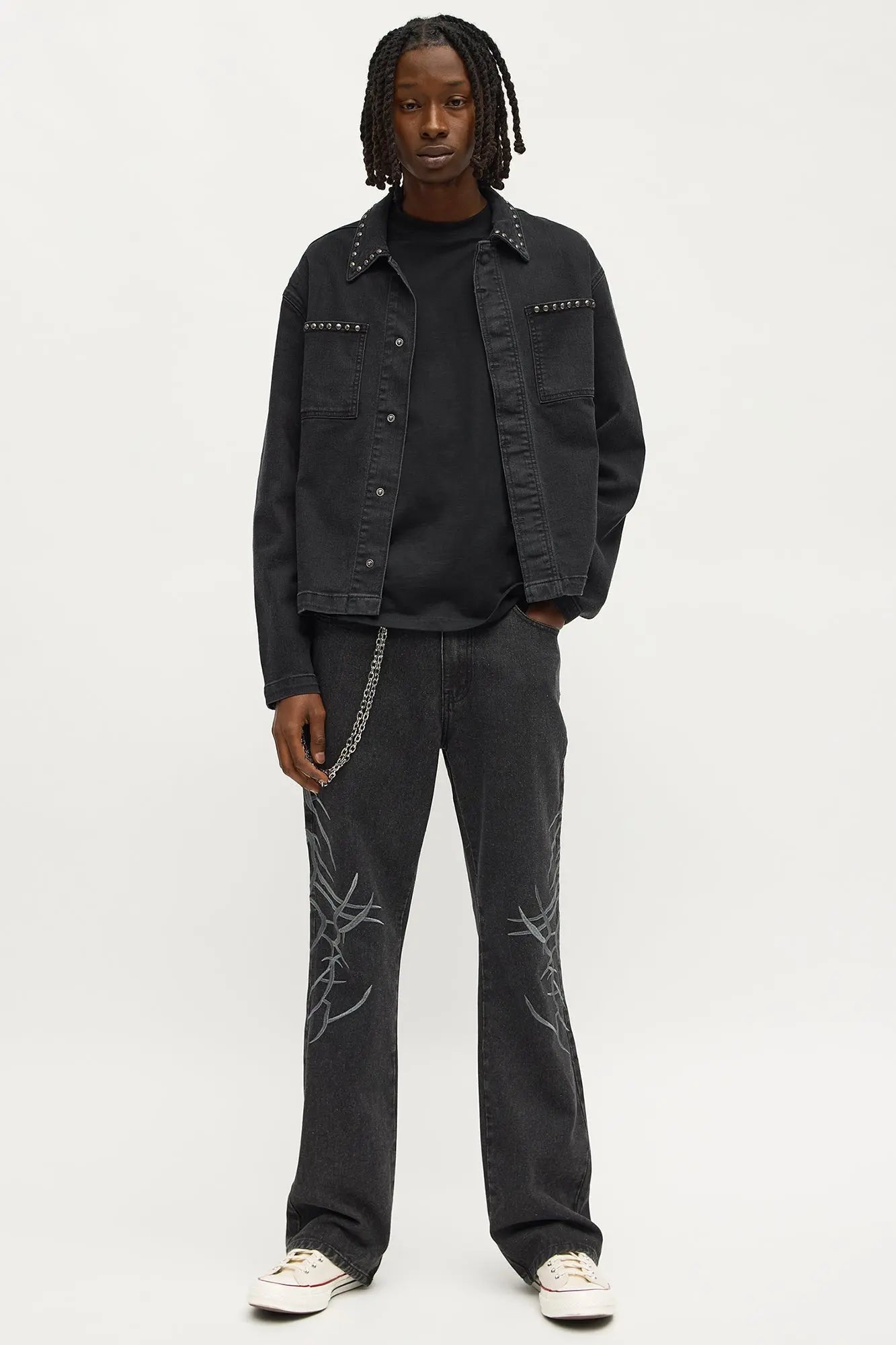 Cropped Studded Work Jacket - Black