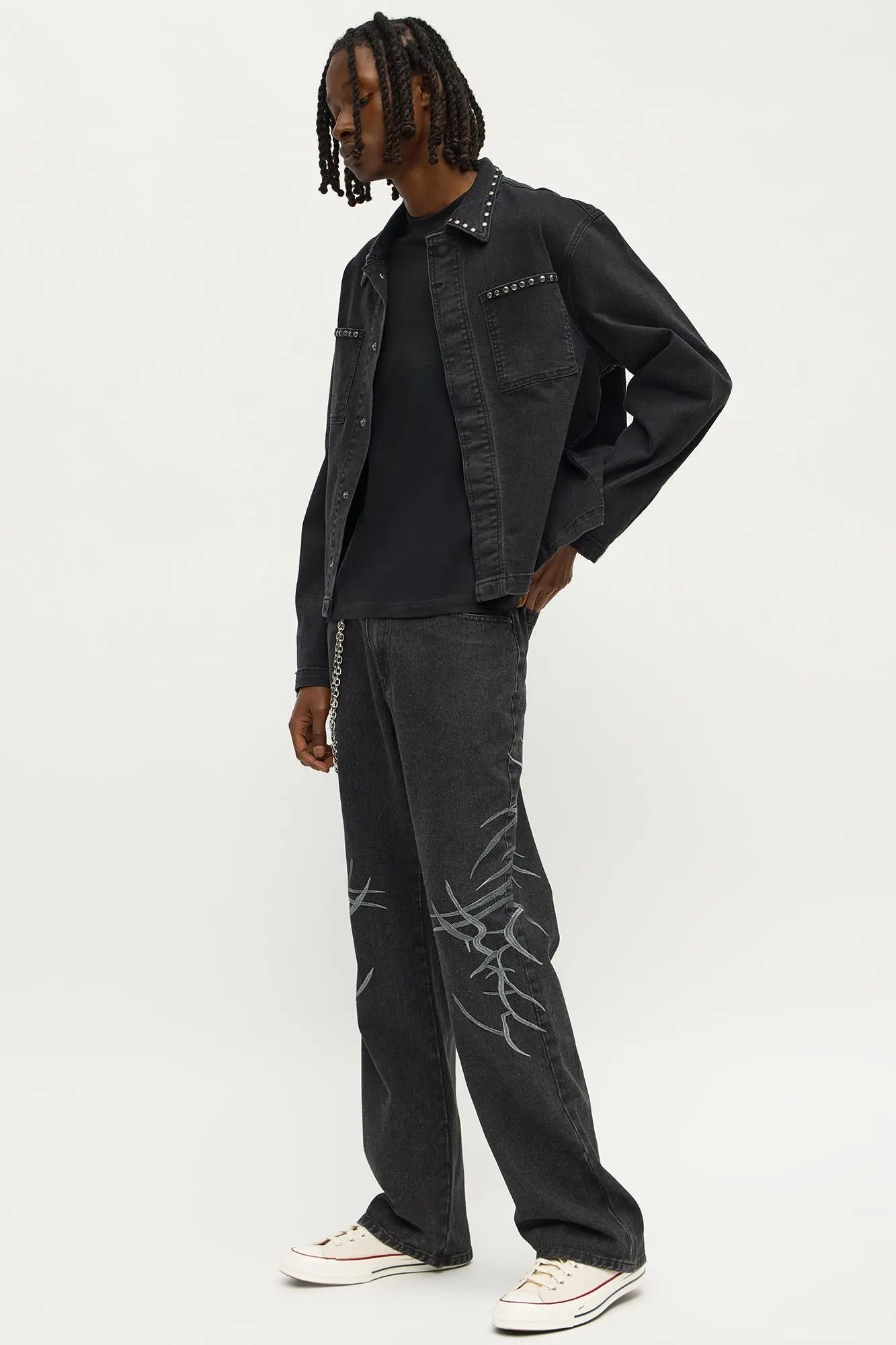 Stacked Slim Flare Thread Bare Embroidered Jean - Black Wash