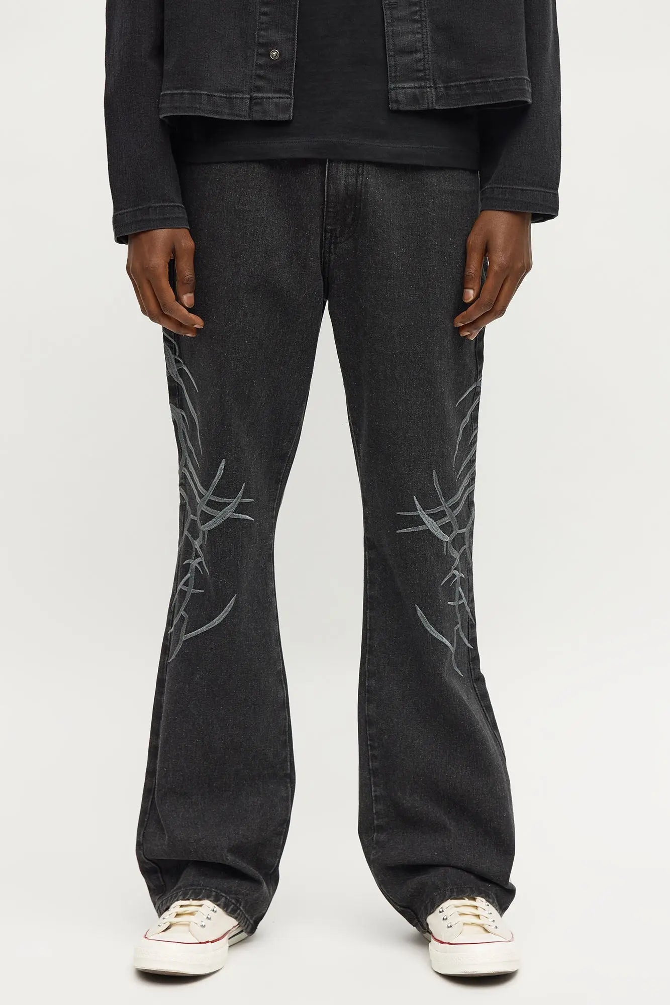 Stacked Slim Flare Thread Bare Embroidered Jean - Black Wash