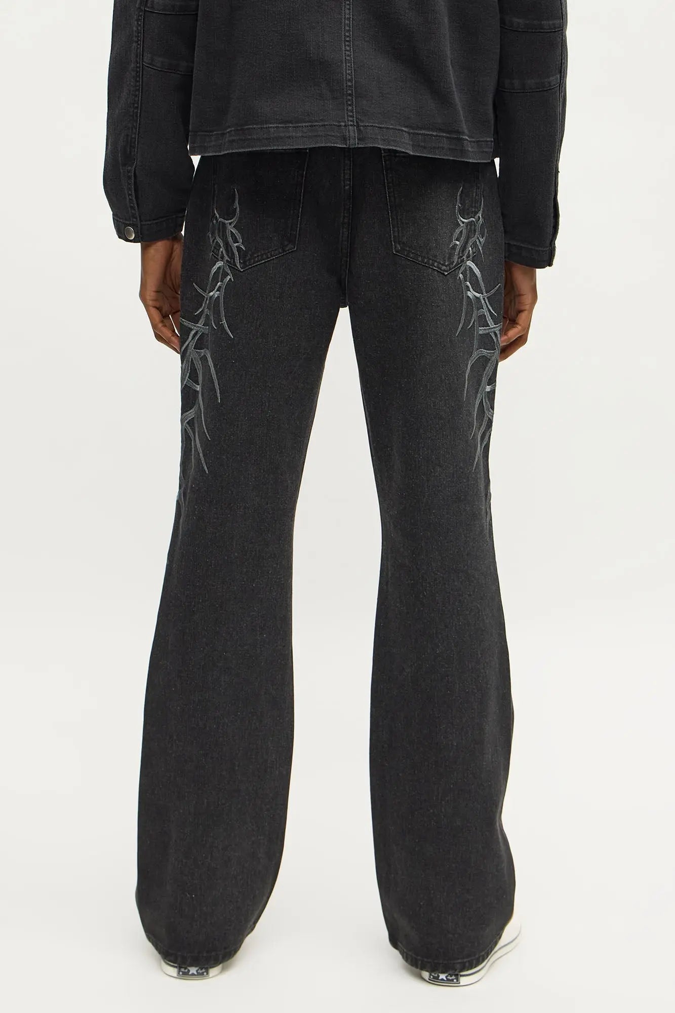 Stacked Slim Flare Thread Bare Embroidered Jean - Black Wash