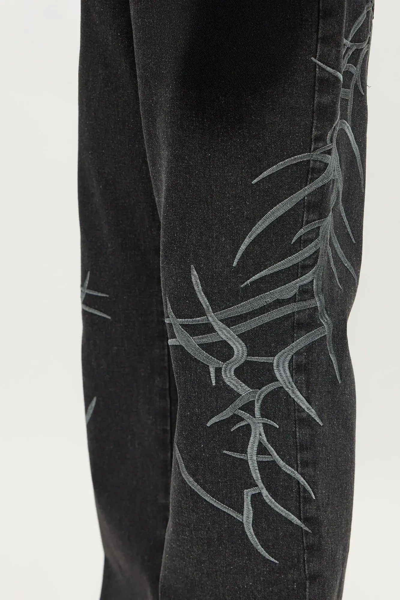 Stacked Slim Flare Thread Bare Embroidered Jean - Black Wash